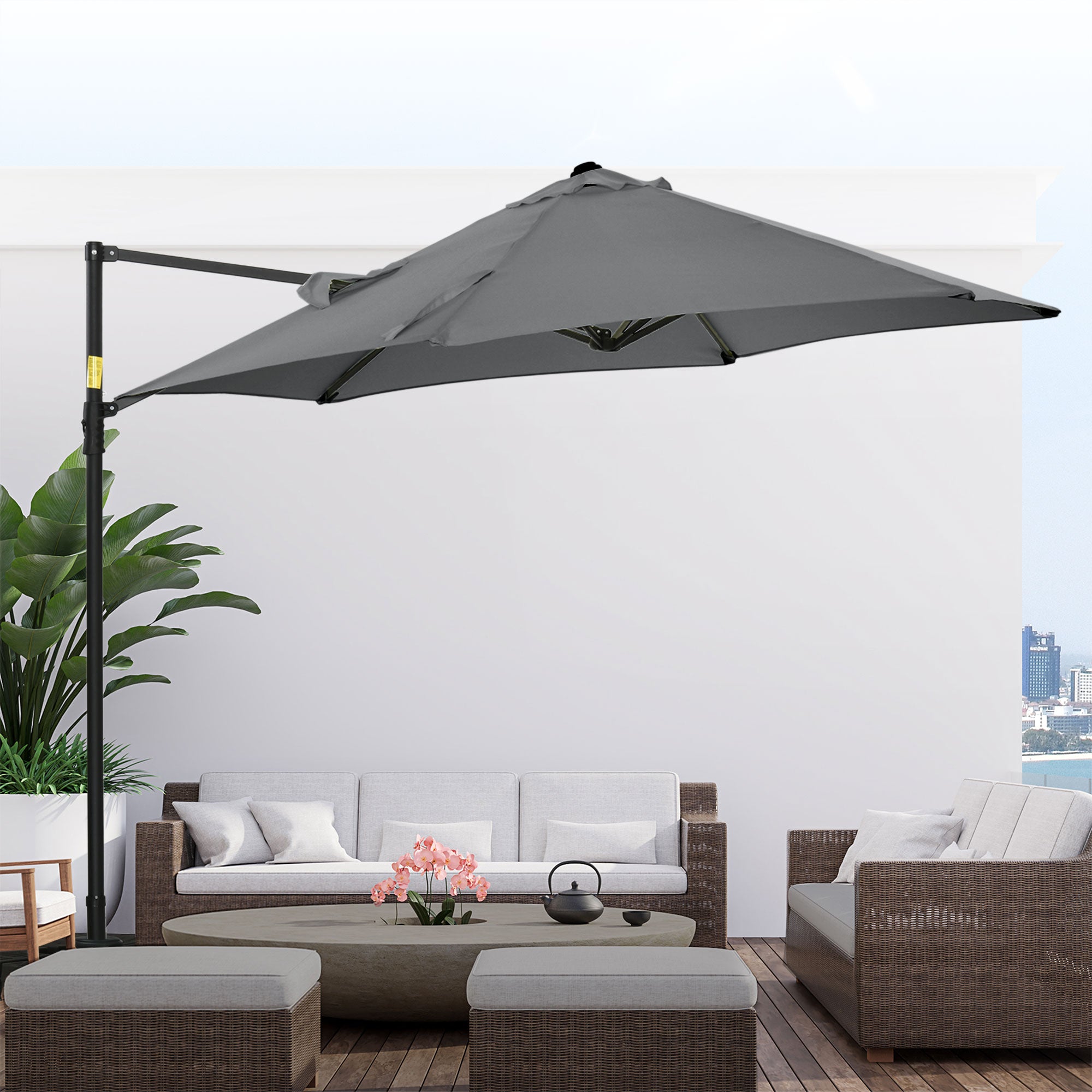 Outsunny 2.5M Garden Cantilever Parasol with 360° Rotation, Offset Roma Patio Umbrella Hanging Sun Shade Canopy Shelter with Cross Base, Dark Grey - North Peak Garden Furniture