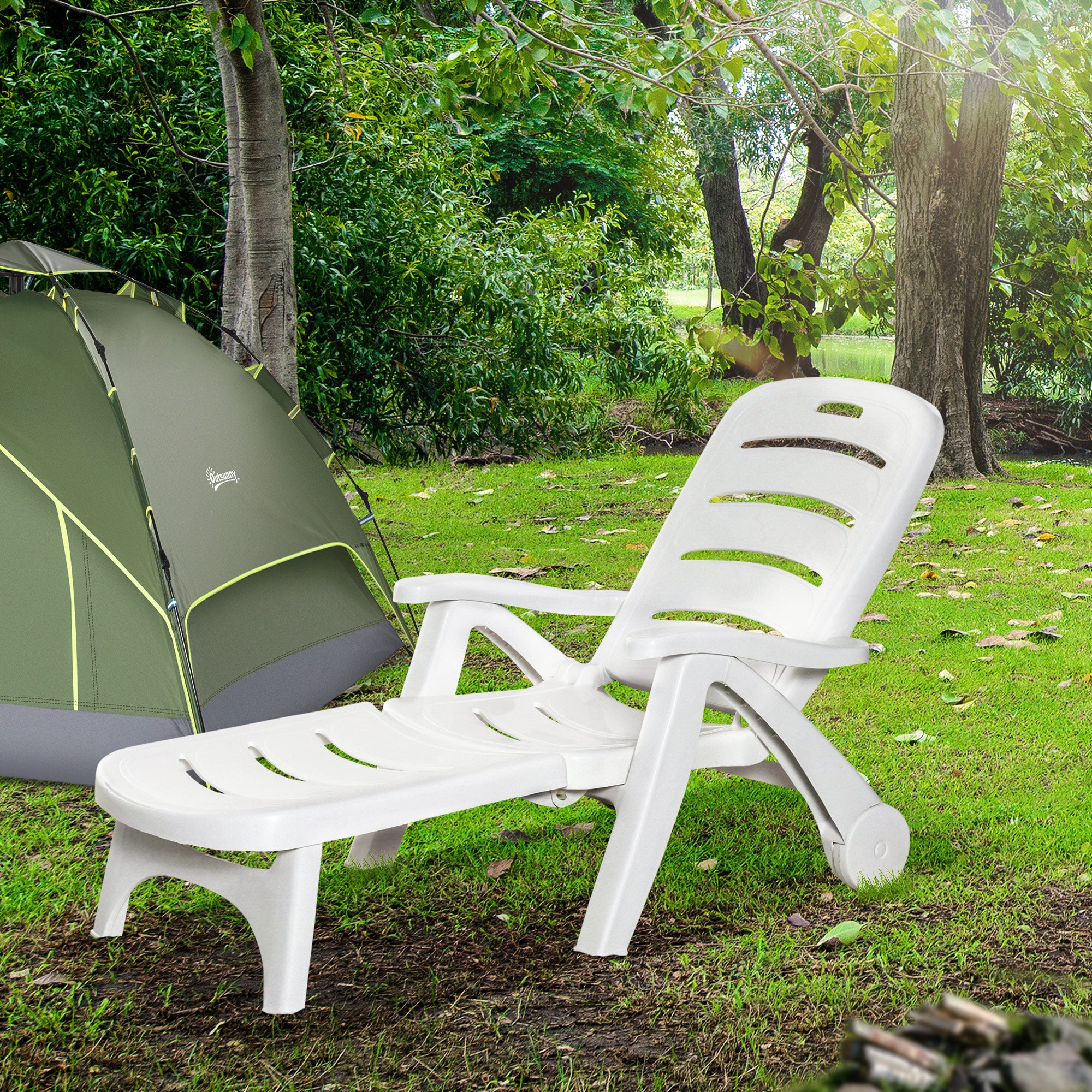 Outsunny 2PCs Outdoor Folding Sun Lounger Recliner on Wheels w/ 5-Position Backrest, White - North Peak Garden Furniture