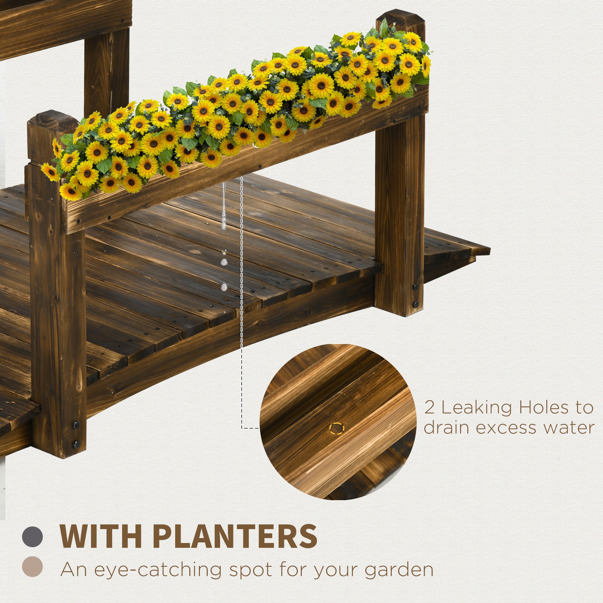 Outsunny 5FT Wooden Garden Bridge with Planters on Safety Railings, Stained Finish Arc Footbridge for Pond Backyard Stream - North Peak Garden Furniture