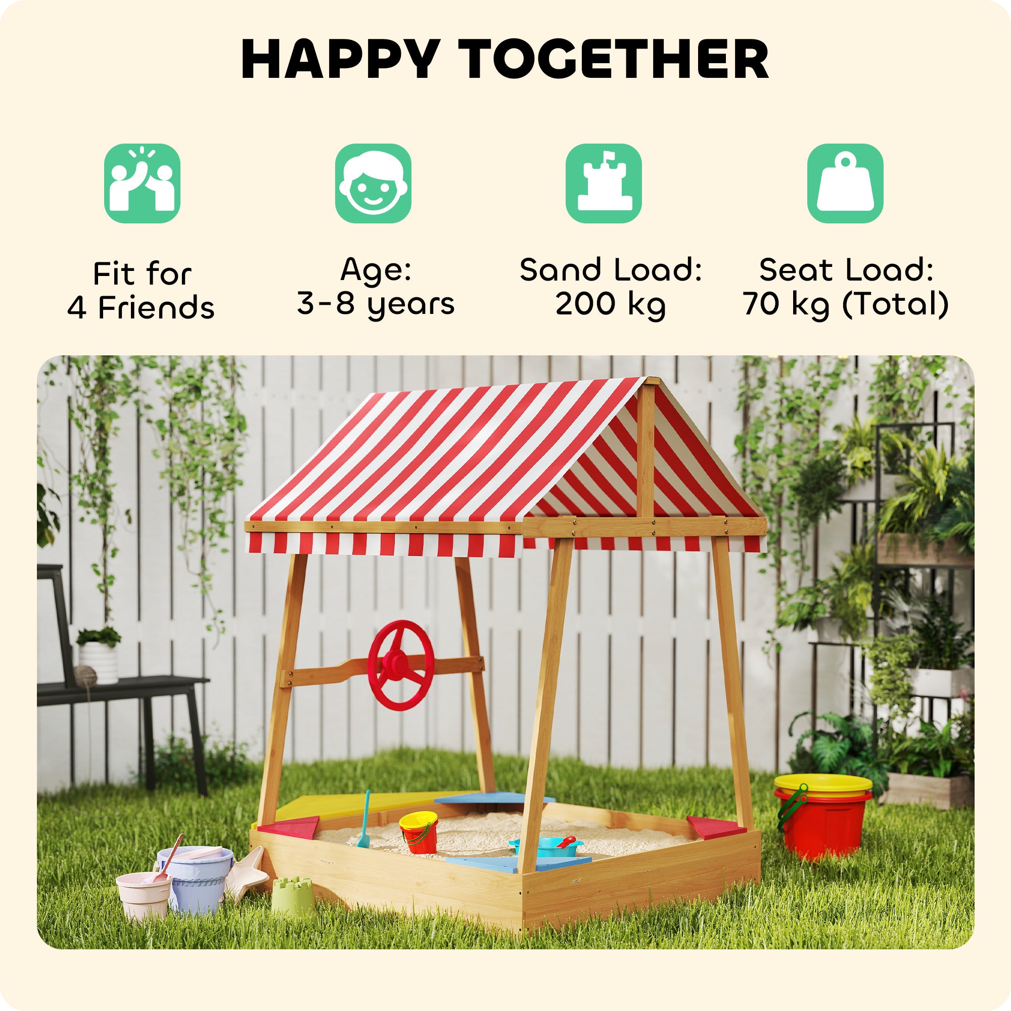AIYAPLAY Wooden Kids Sandpit Boat Style with Canopy, 4 Seats, Rudder, Bottom Liner, for Children 3-8 Years, Yellow - North Peak Garden Furniture