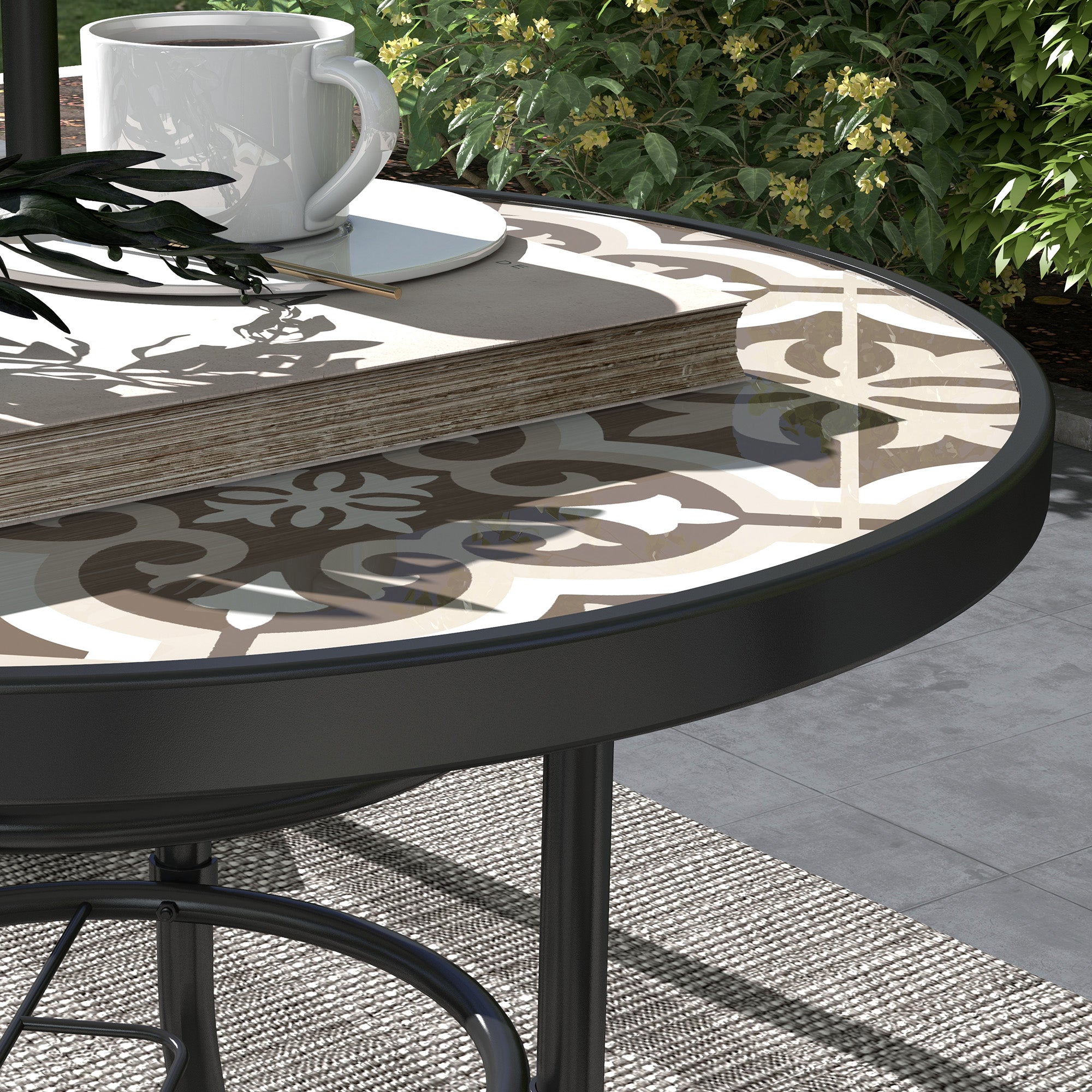Outsunny Φ60 Garden Table, with Glass Printed Tabletop - Brown - North Peak Garden Furniture