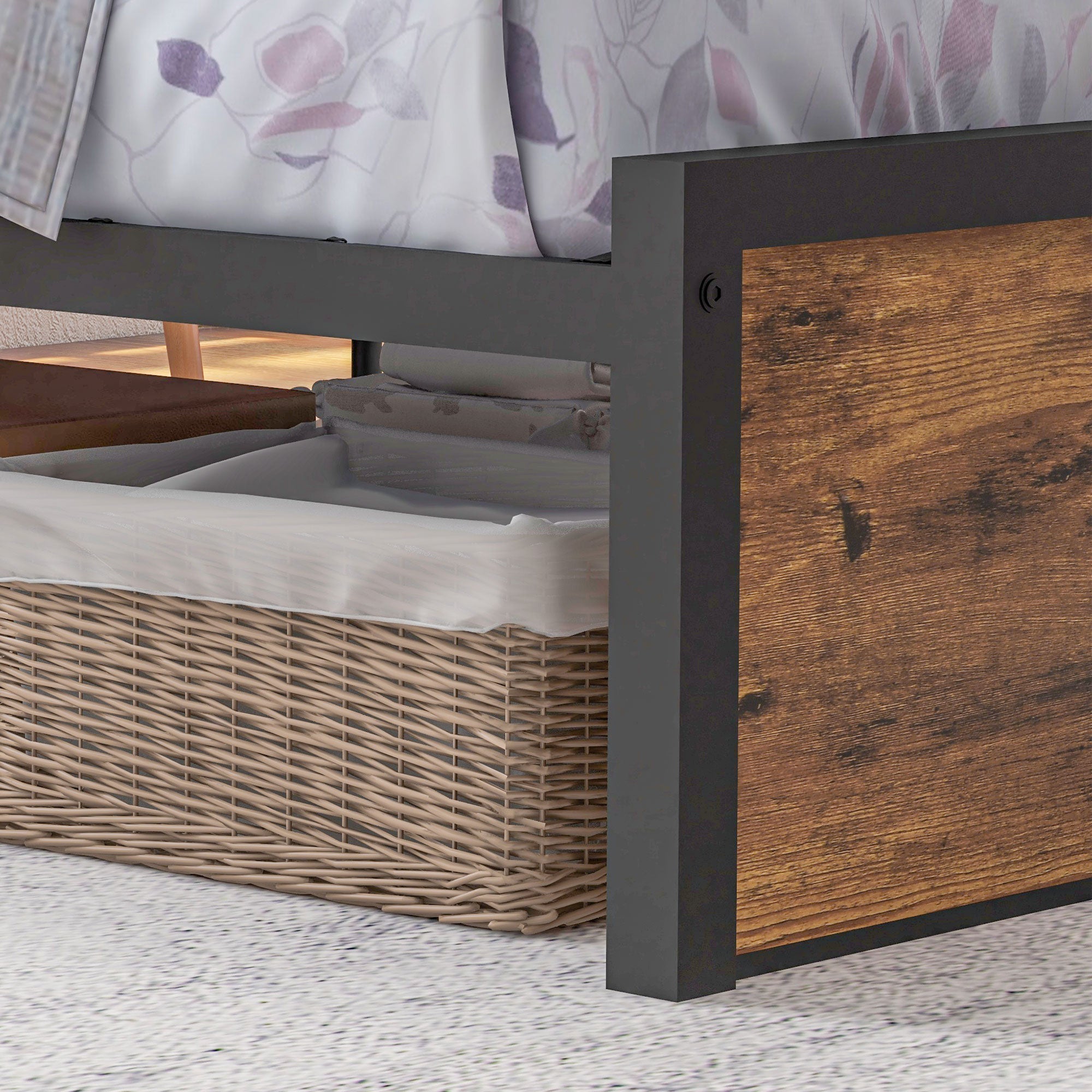 HOMCOM Industrial Single Bed Frame, 3.1FT Steel Bed Base with Storage Headboard, Footboard, Slatted Support and Under Bed Storage, 95 x 209cm, Rustic Brown - North Peak Garden Furniture
