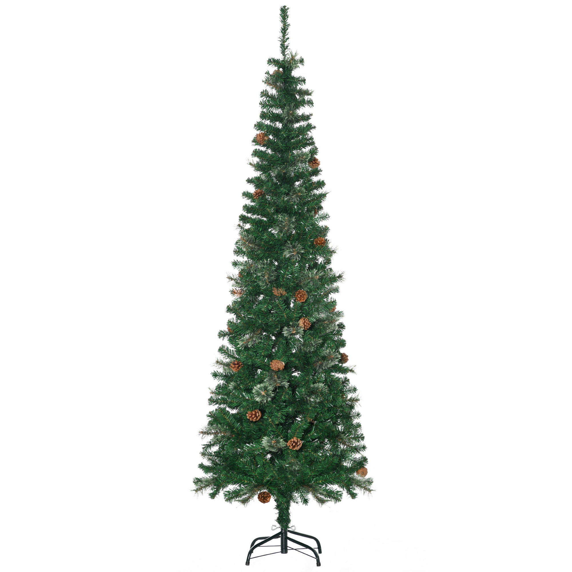 HOMCOM 6.5FT Tall Pencil Slim Artificial Christmas Tree with Realistic Branches, Tip Count and Pine Cones, Pine Needles Tree, Xmas Decoration, Green