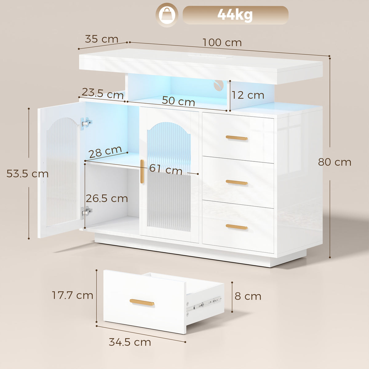 HOMCOM High Gloss Sideboard with LED Lights, Built-in Power Outlets, 3 Drawers, Shelves and 2 Acrylic Doors, White