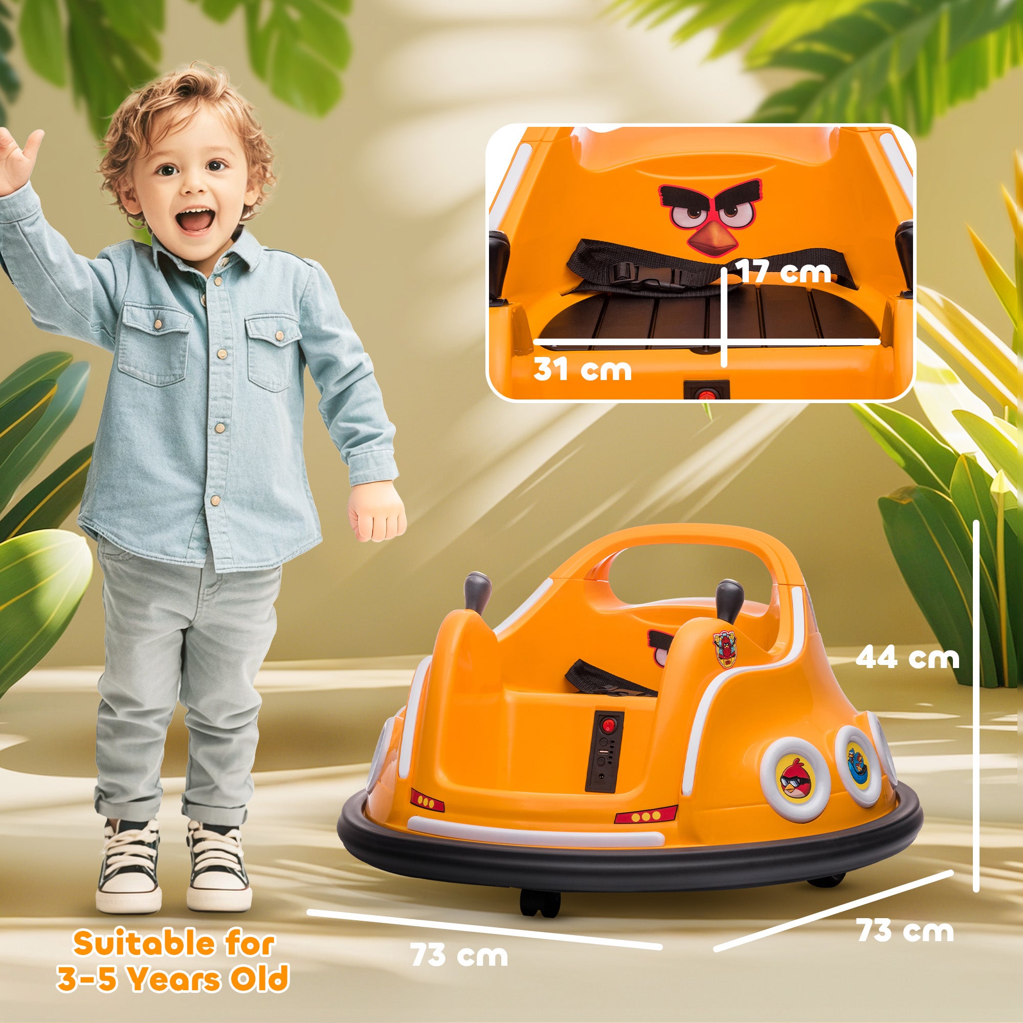 AIYAPLAY Angry Bird Licensed Waltzer Car, 12V Kids Bumper Car w/ Joysticks, Remote, Music LED Lights - Orange - North Peak Garden Furniture