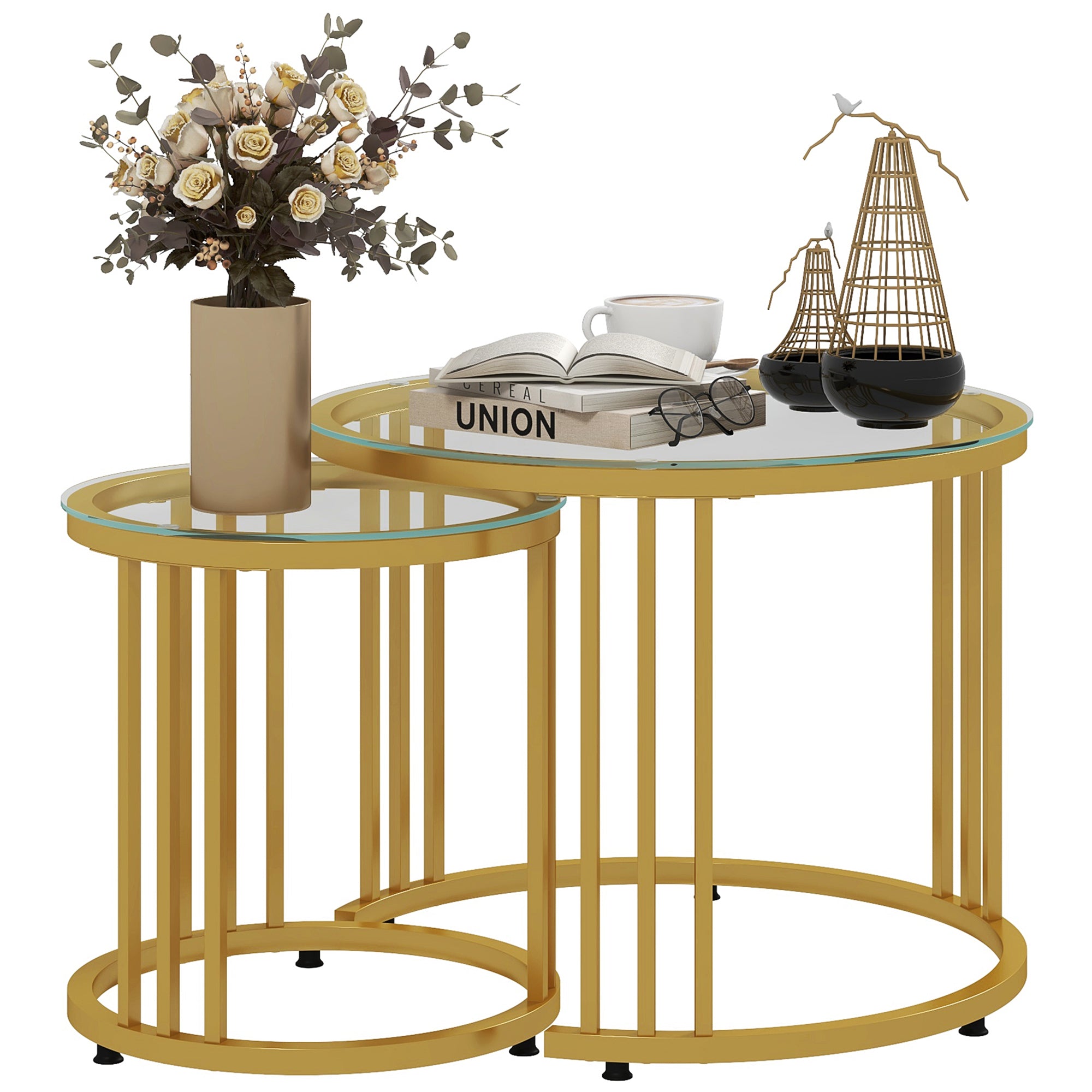 HOMCOM Round Coffee Tables Set of 2, Nesting Tables with Tempered Glass Top and Steel Frame, 60cmx60cmx47cm, Gold Tone - North Peak Garden Furniture