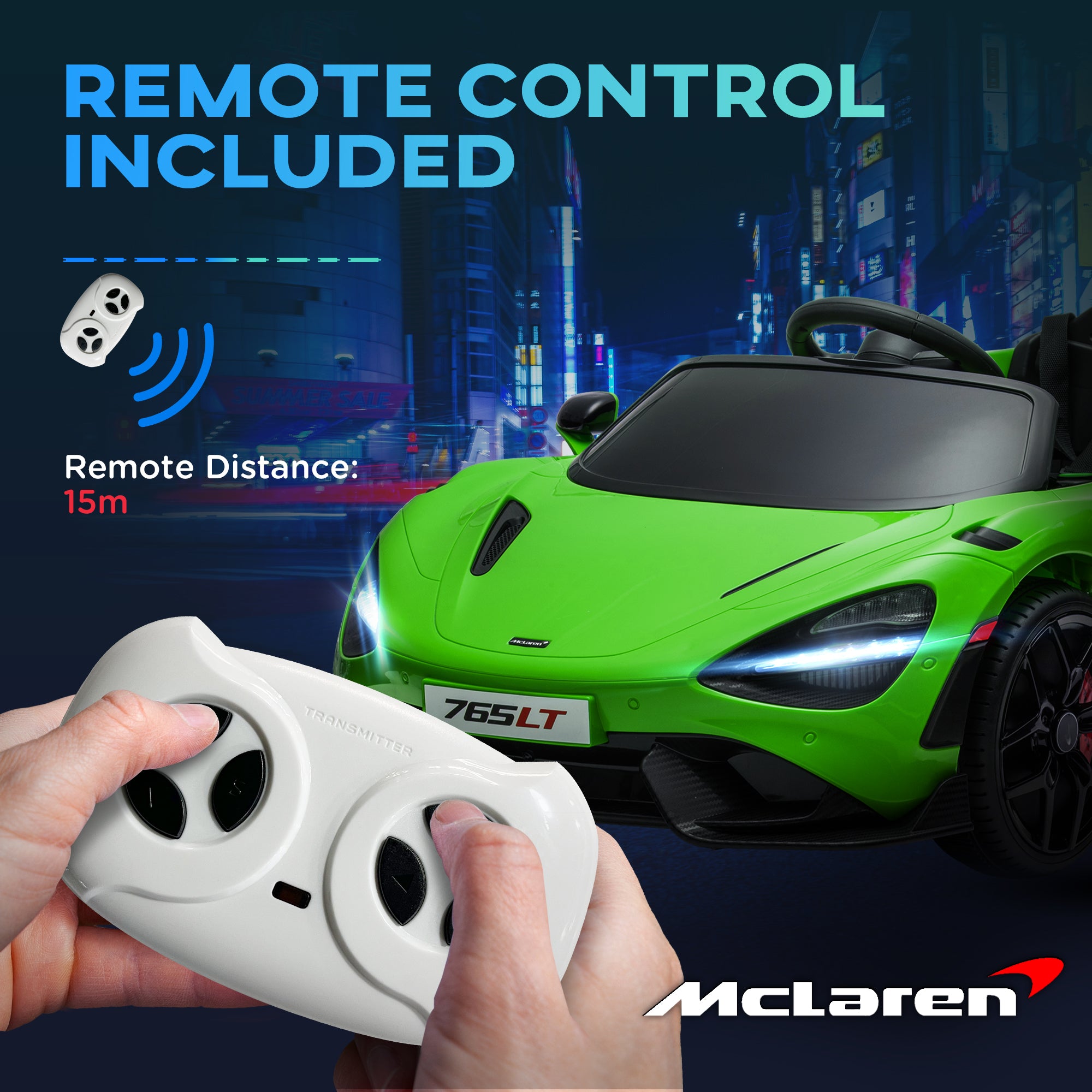 AIYAPLAY McLaren 765LT Licensed 12V Kids Electric Ride on Car with Butterfly Doors Remote Control Transport Wheels Green - North Peak Garden Furniture