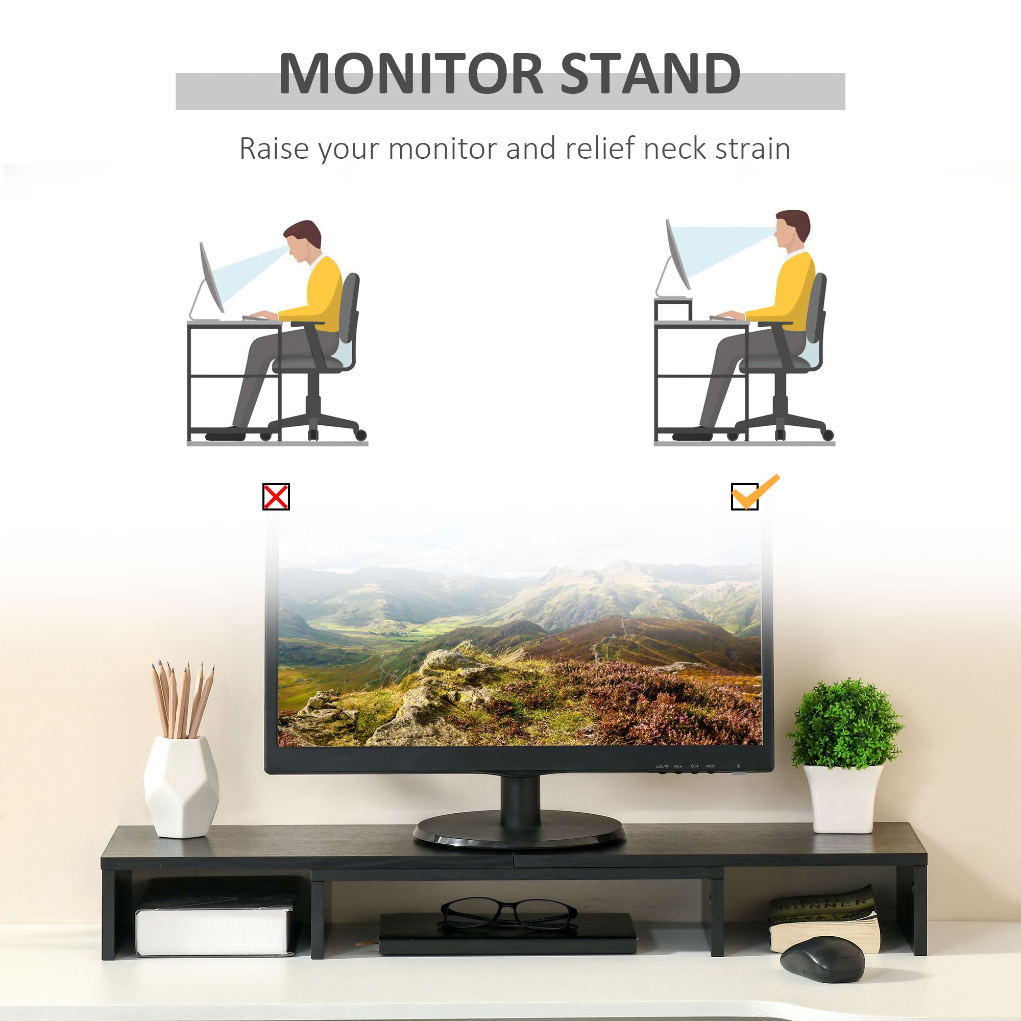 Vinsetto Dual Monitor Stand Riser with Adjustable Length and Angle, Screen Riser for Laptop, Computer, PC, Printer, TV, Black - North Peak Garden Furniture