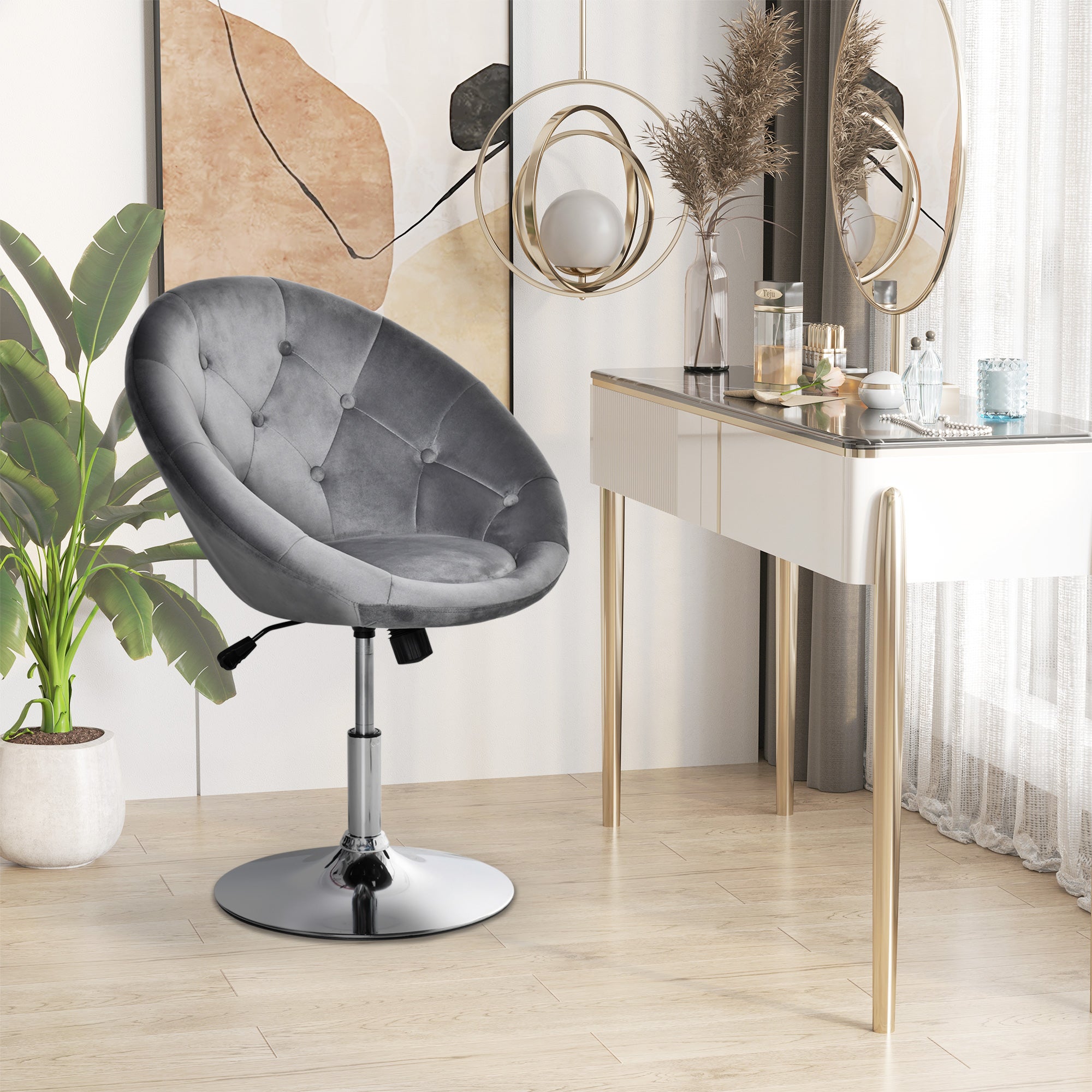 HOMCOM Swivel Dressing Stool, Velvet-feel Upholstered Vanity Chair, Adjustable Height Tub Makeup Chair with Button Tufting and Thick Padding, Breakfast Dining Chair, Grey - North Peak Garden Furniture