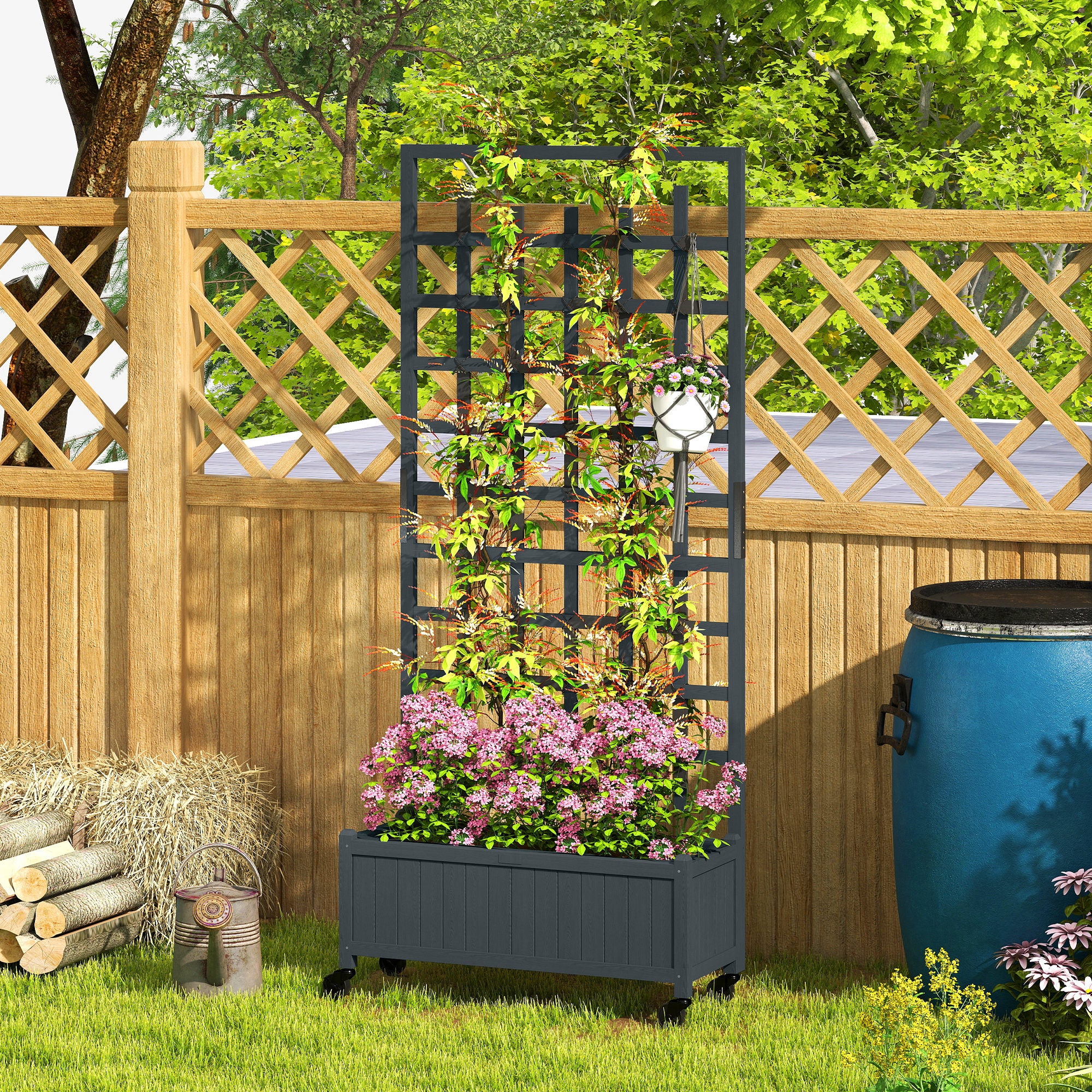 Outsunny Wooden Trellis Planter, Raised Garden Bed with Wheels, to Climb and Grow Vegetables, Herbs and Flowers, Grey