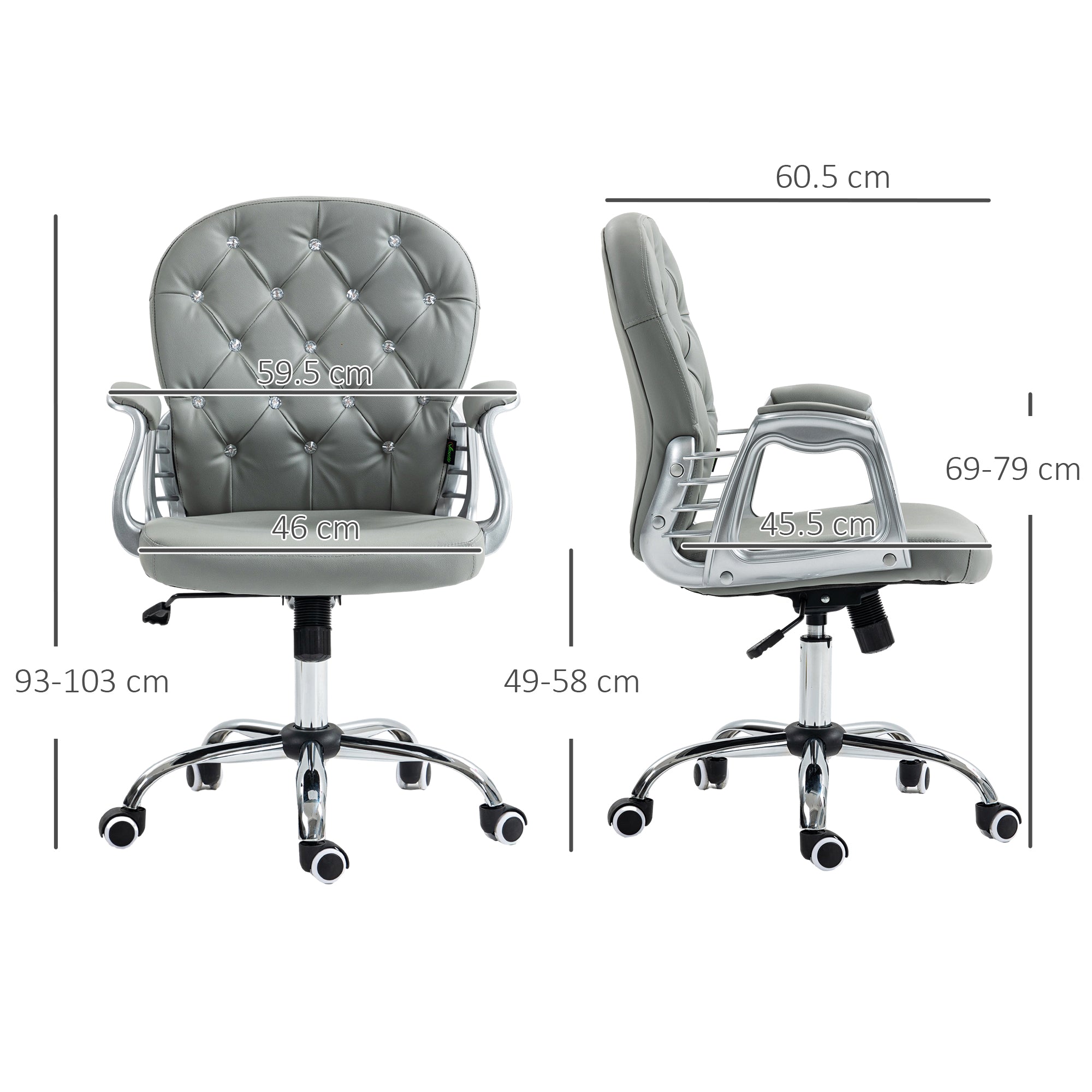 Vinsetto Office Chair Ergonomic 360° Swivel PU Diamante Padded Base 5 Castor Wheels for Home Work Grey - North Peak Garden Furniture