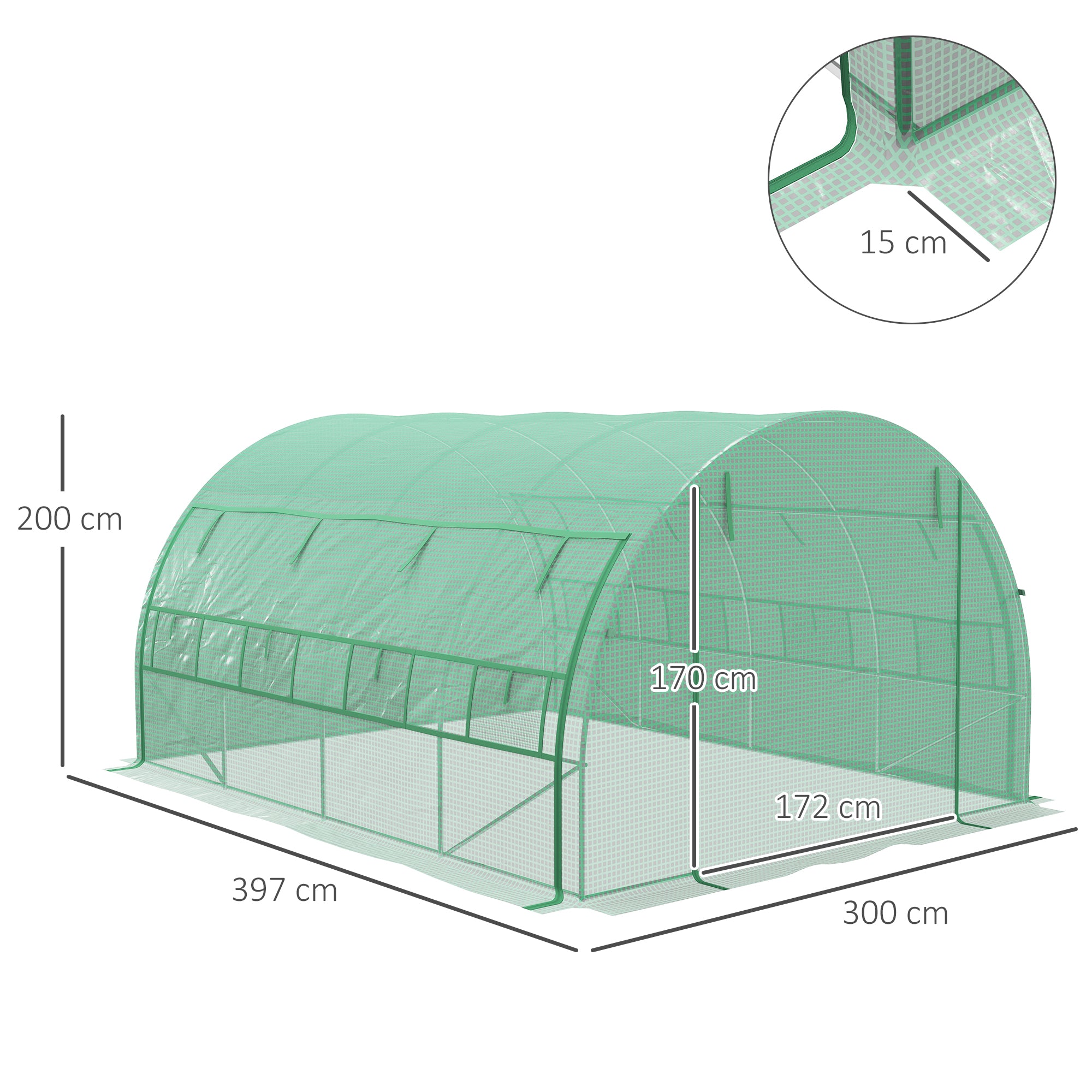 Outsunny Polytunnel Greenhouse Walk-in Grow House Tent with Roll-up Sidewalls, Zipped Door and 8 Windows, 4x3x2m Green - North Peak Garden Furniture