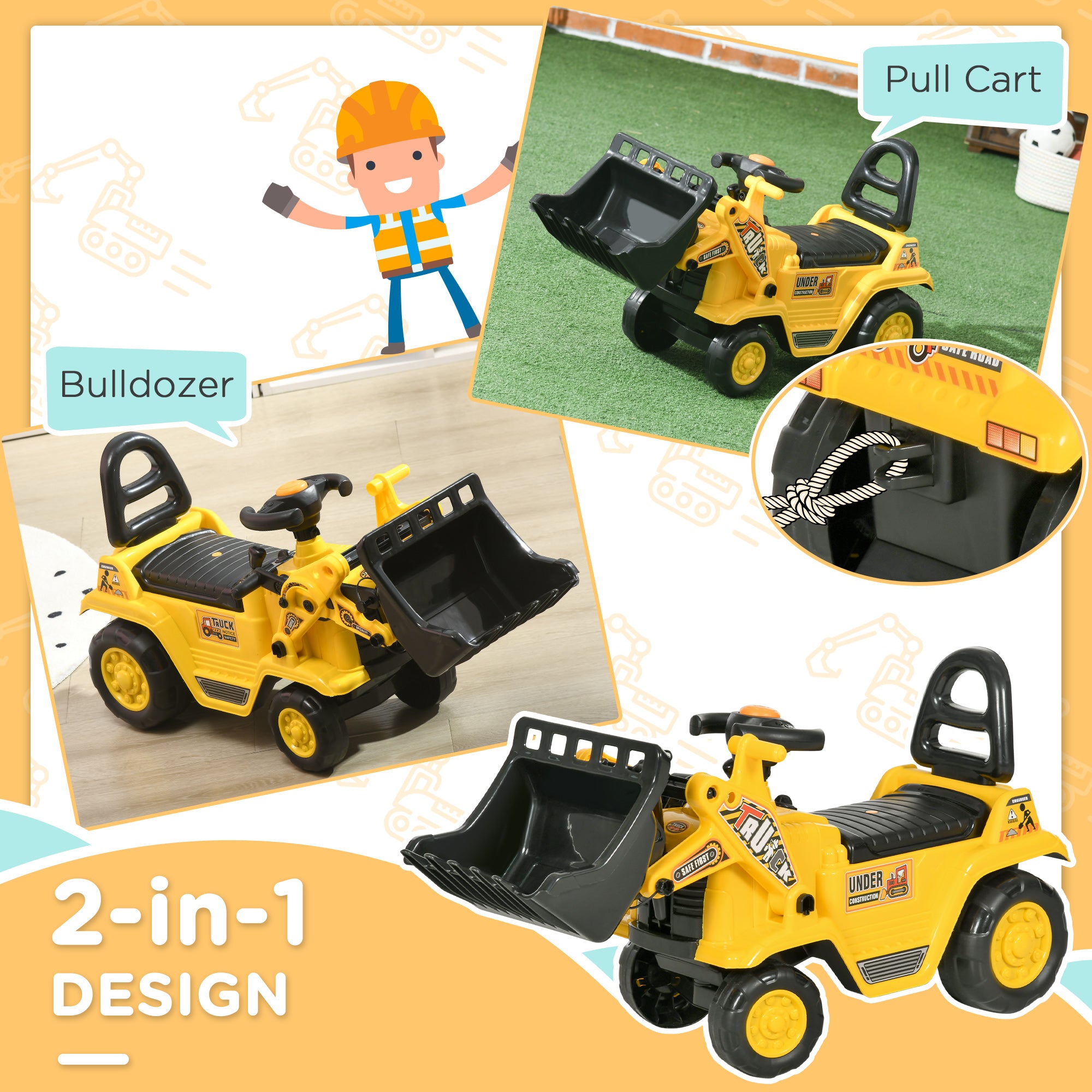 HOMCOM NO POWER 3 in 1 Ride On Toy Bulldozer Toddler Digger Excavator Scooter Storage Cart Toilet Pretend Play Construction Truck - North Peak Garden Furniture