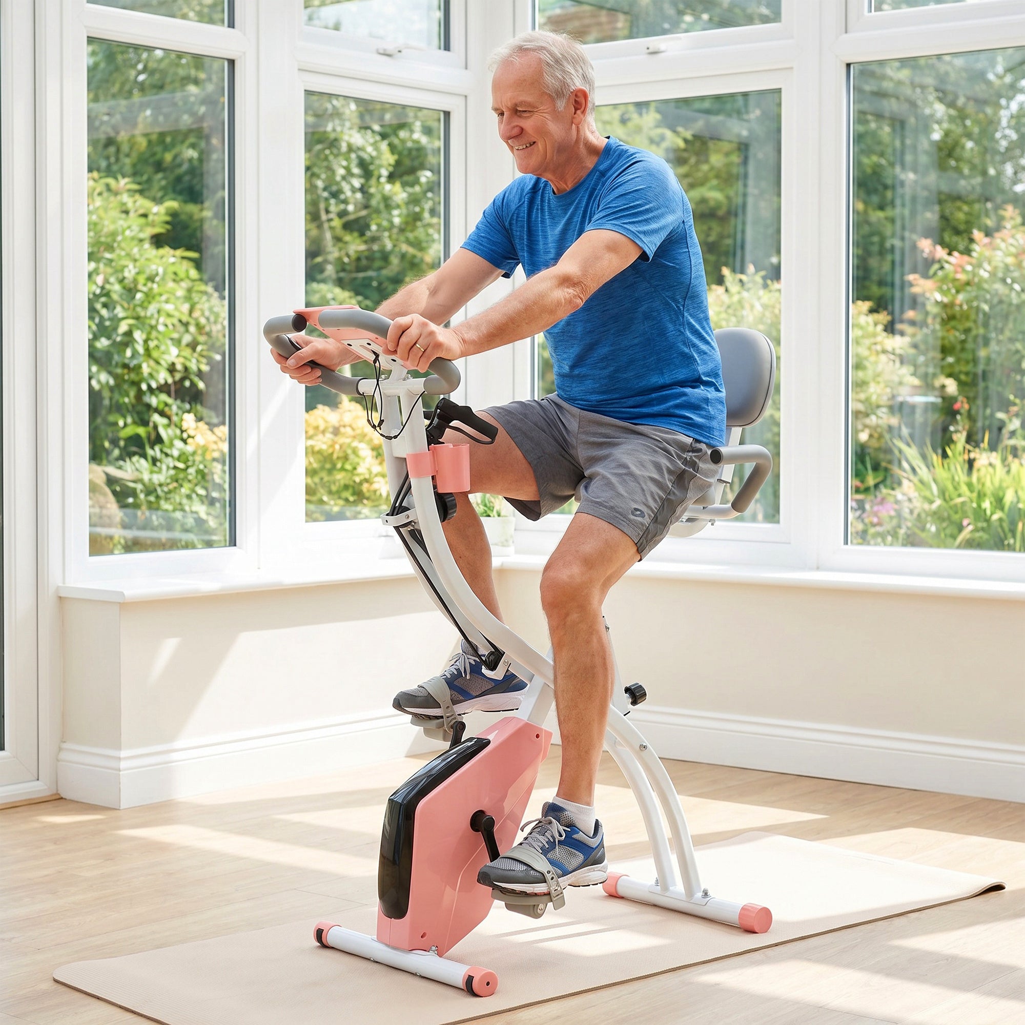 HOMCOM 2-in-1 Folding Exercise Bike with 8-Level Magnetic Resistance, Arm Resistance Band, Pulse Sensor, Pink