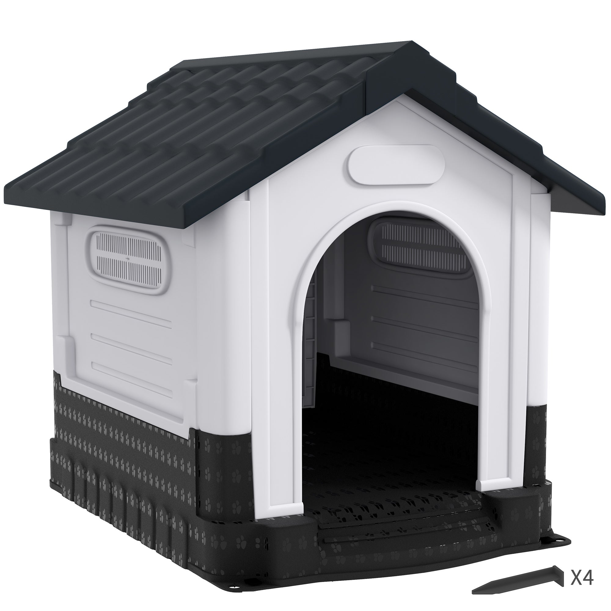 PawHut Plastic Dog Kennel with Windows, for Garden Patio, Medium and Large Dogs, 101 x 88 x 99cm - Grey - North Peak Garden Furniture