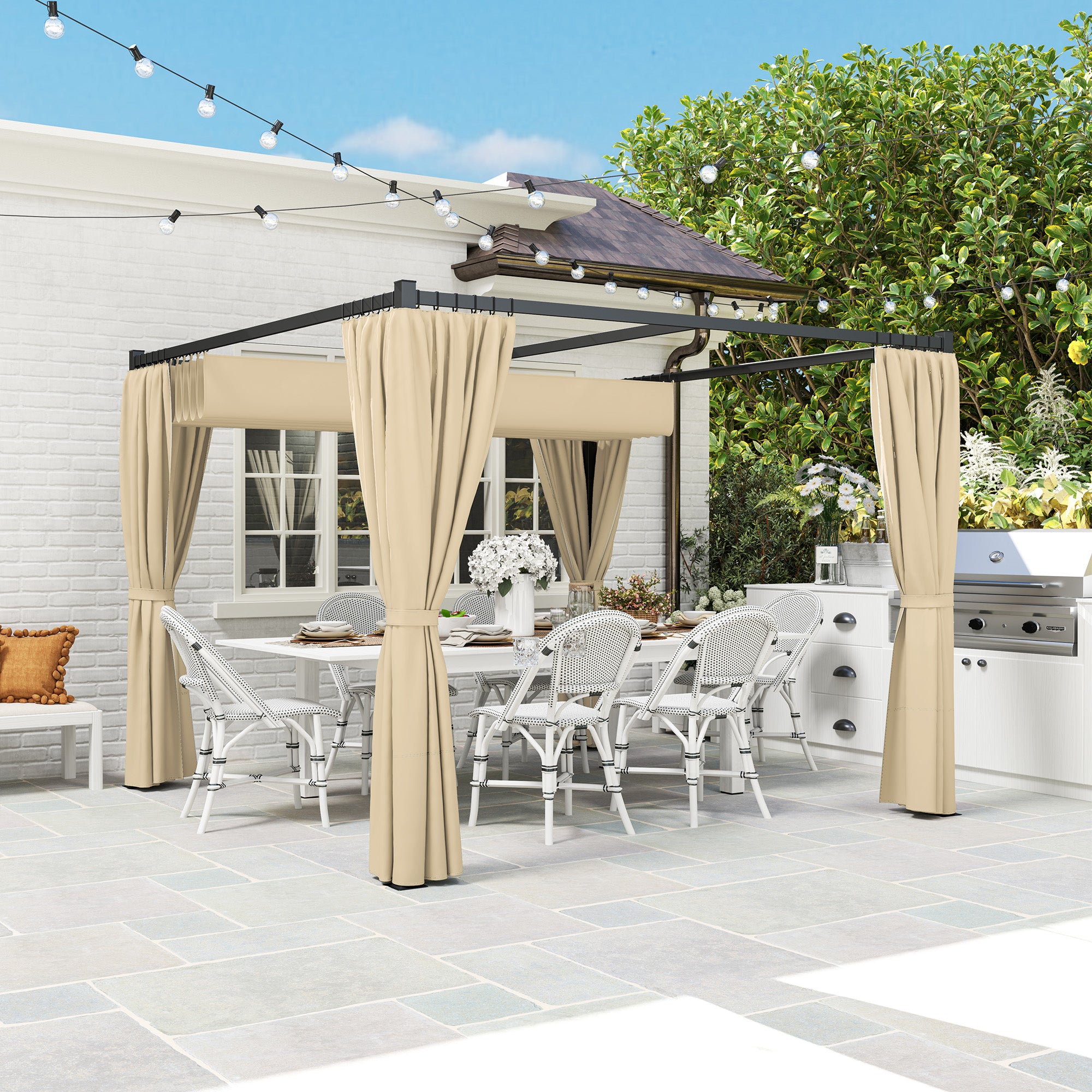 Outsunny 3 x 3m Retractable Roof Pergola, with Curtains - Khaki - North Peak Garden Furniture