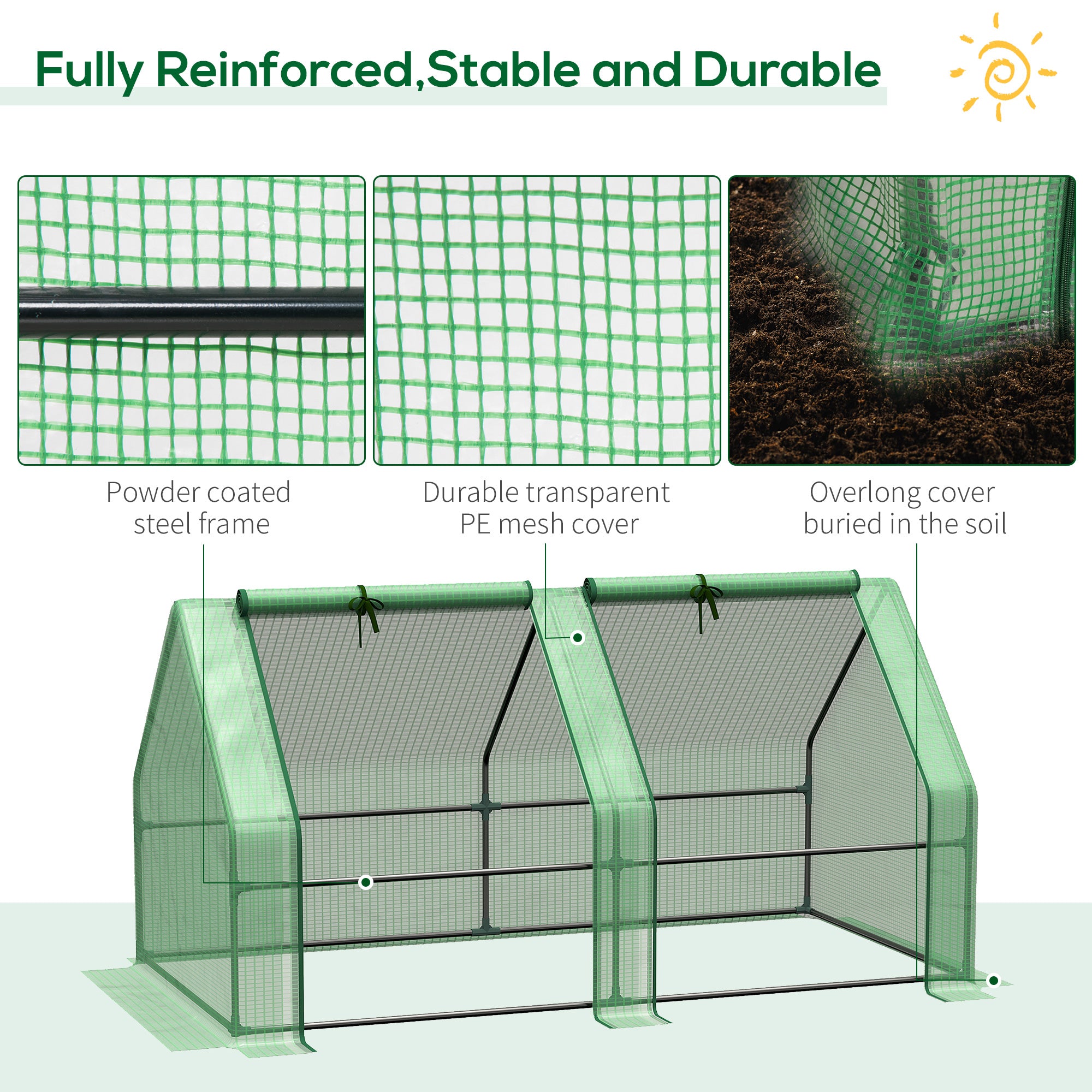Outsunny Mini Small Greenhouse with Steel Frame & PE Cover & Zippered Window Poly tunnel Steeple for Plants Vegetables, 180 x 90 x 90 cm, Green - North Peak Garden Furniture