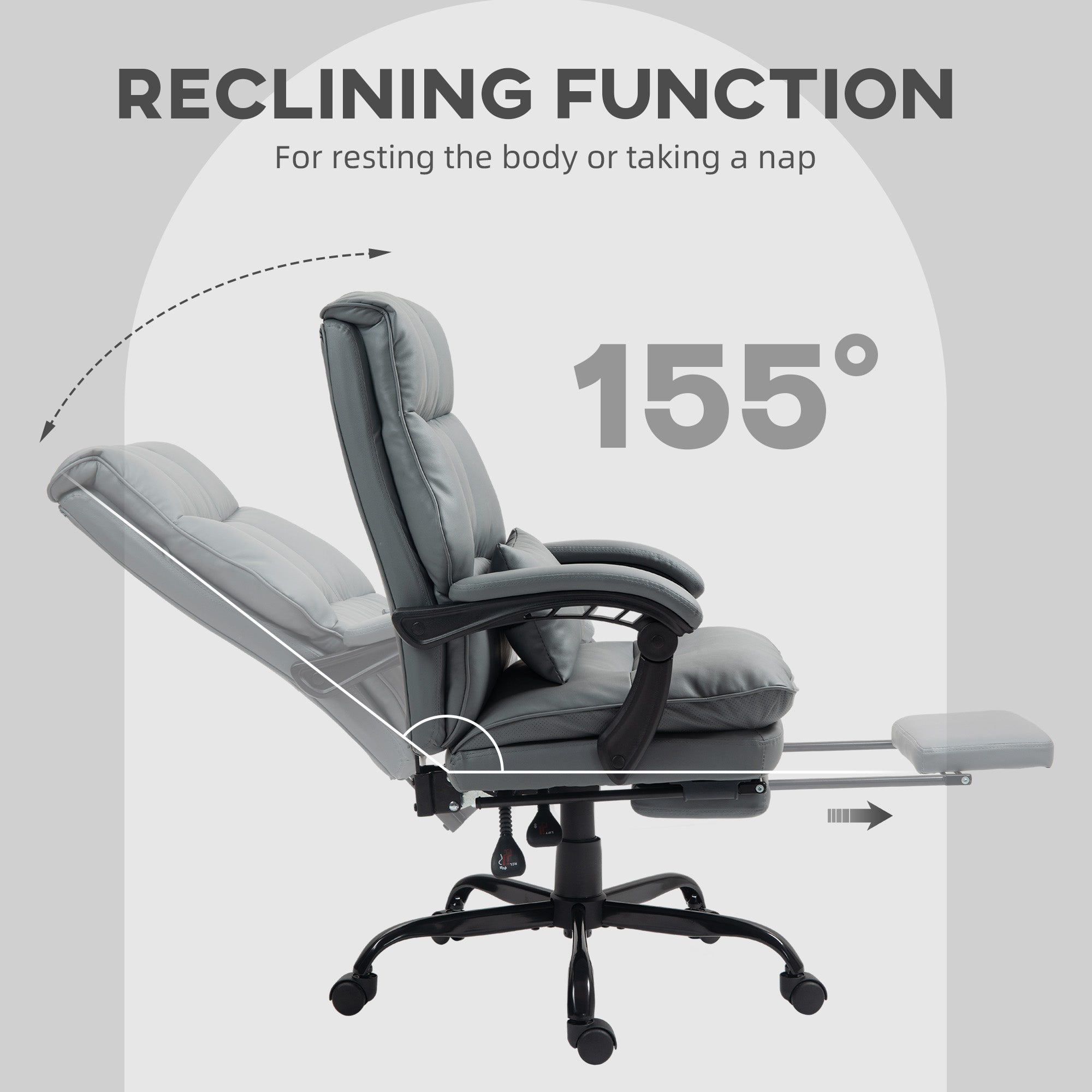 HOMCOM Faux Leather Reclining Office Chair, with Footrest - Grey - North Peak Garden Furniture