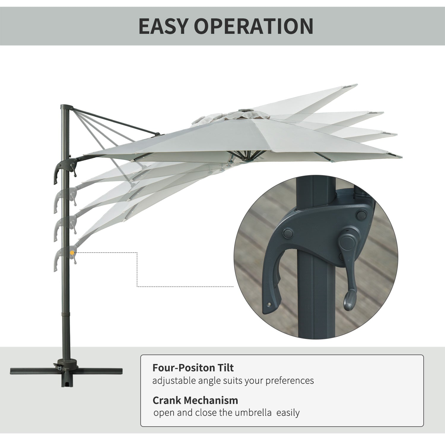 Outsunny 3(m) LED Cantilever Parasol Garden Sun Umbrella w/ Cross Base and Solar Lights Grey - North Peak Garden Furniture