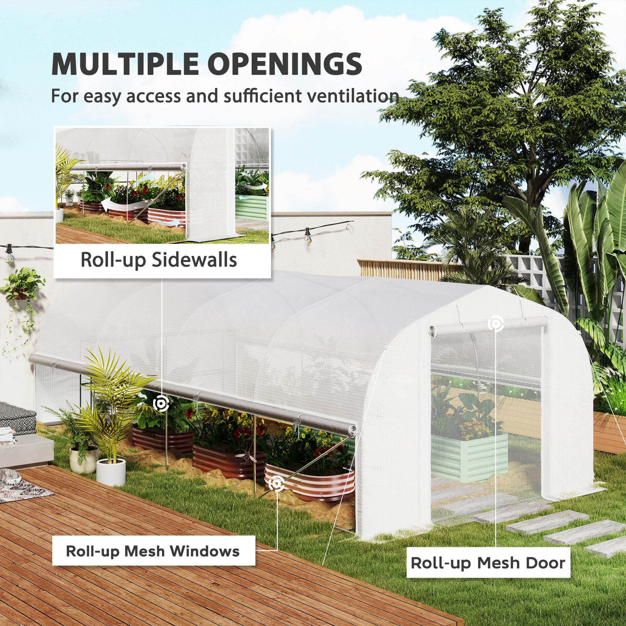 Outsunny 6 x 3 x 2m Walk-in Polytunnel Greenhouse, Zipped Roll Up Sidewalls, Mesh Door, 8 Mesh Windows, Tunnel Warm House Tent with PE Cover, Complimentary Plant Labels and Gloves, White - North Peak Garden Furniture