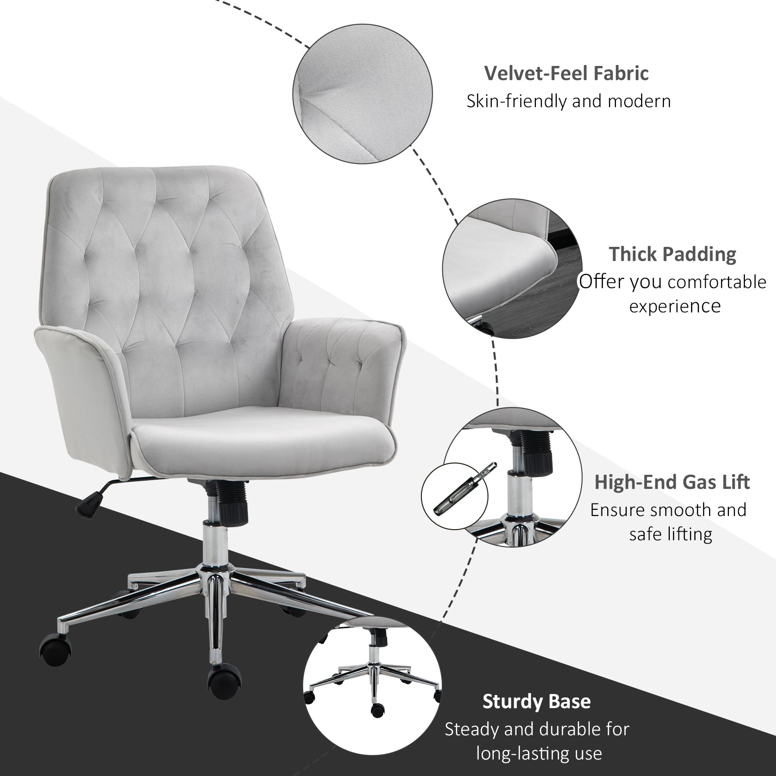 Vinsetto Linen Computer Chair with Armrest, Modern Swivel Chair with Adjustable Height, Light Grey - North Peak Garden Furniture