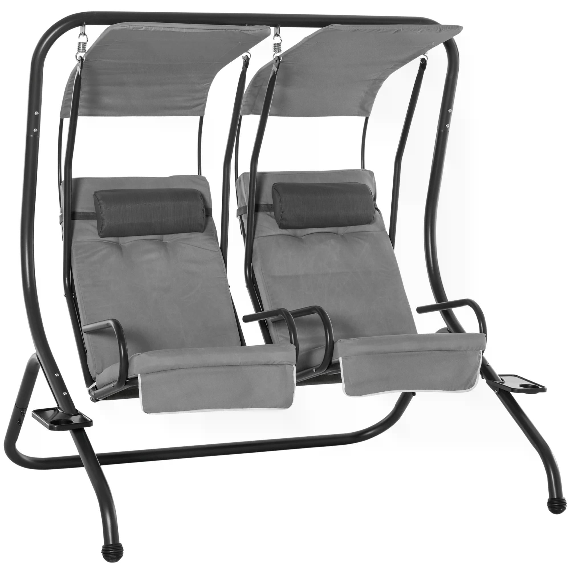 Outsunny Double Seat Swing Chair Modern Garden Swing w/ 2 Separate Relax Chairs, Handrails, Headrests and Removable Canopy, Grey