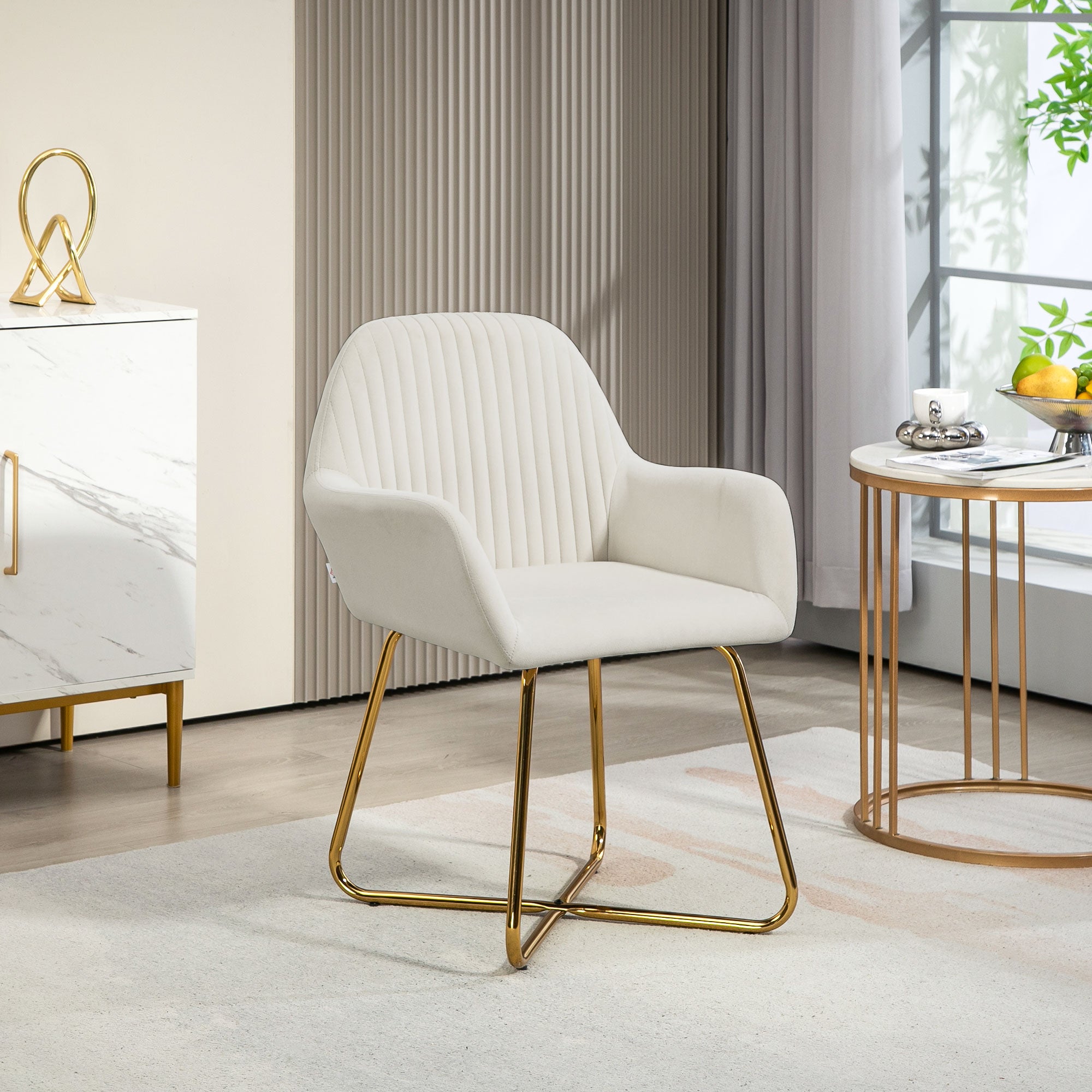 HOMCOM Modern Arm Chair Upholstered Accent Chair with Metal Base for Living Room Cream White - North Peak Garden Furniture