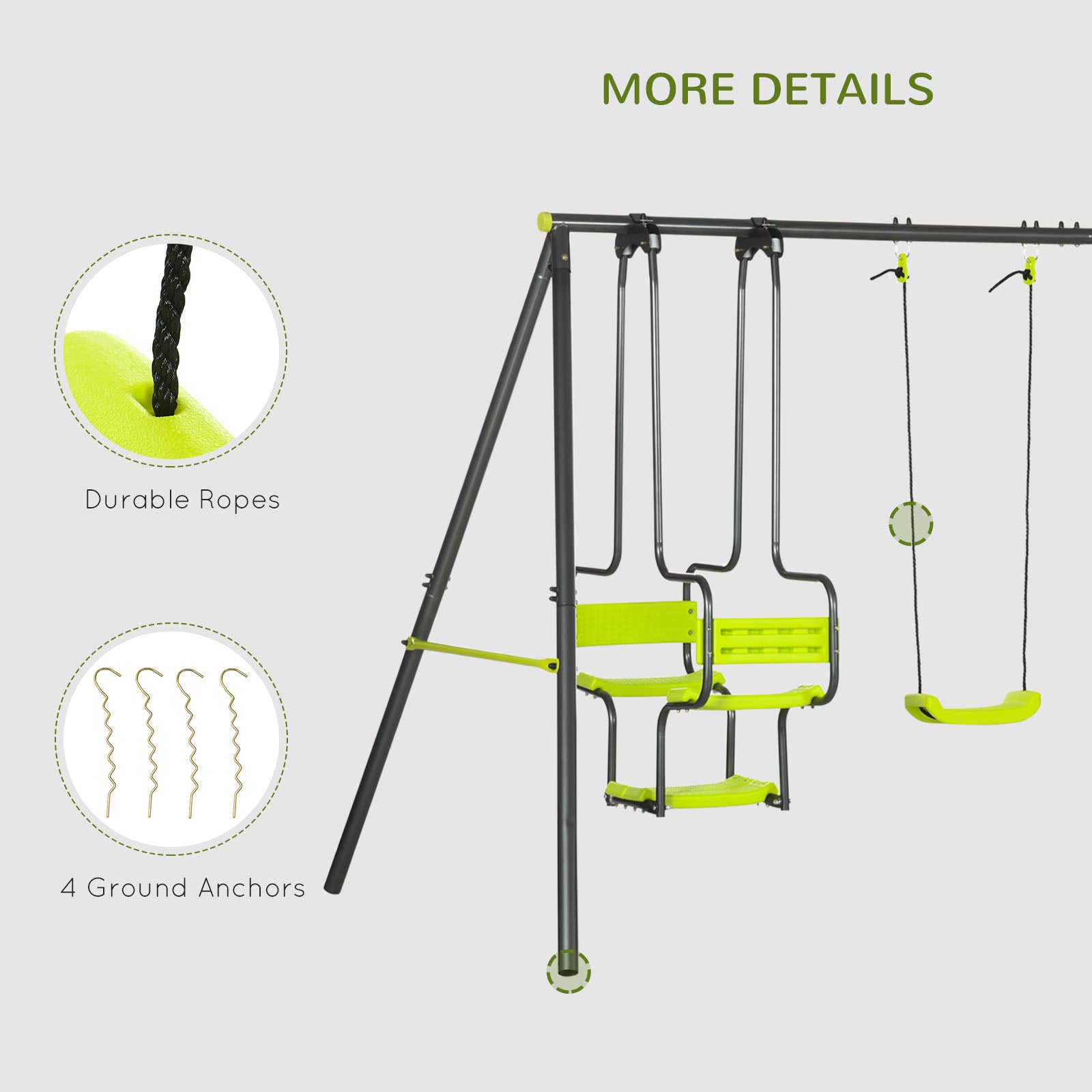Outsunny Metal Garden Swing Set with Double Swings, Glider, Swing Seats - Green - North Peak Garden Furniture