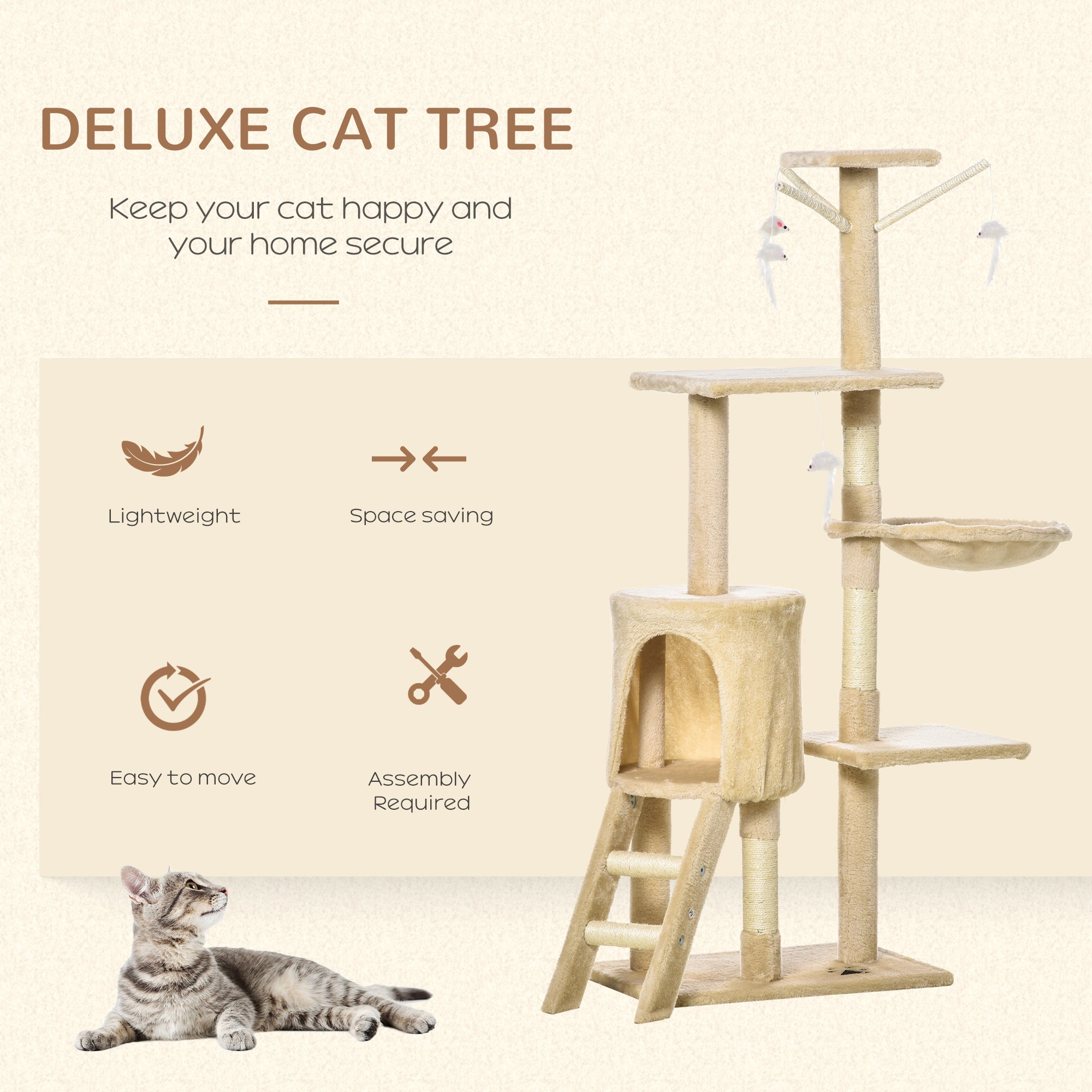 PawHut Cat Tree for Indoor Cats 135cm Cat Tower Scratching Post Kitty Scratcher Climbing Tower with Ladder, Beige - North Peak Garden Furniture