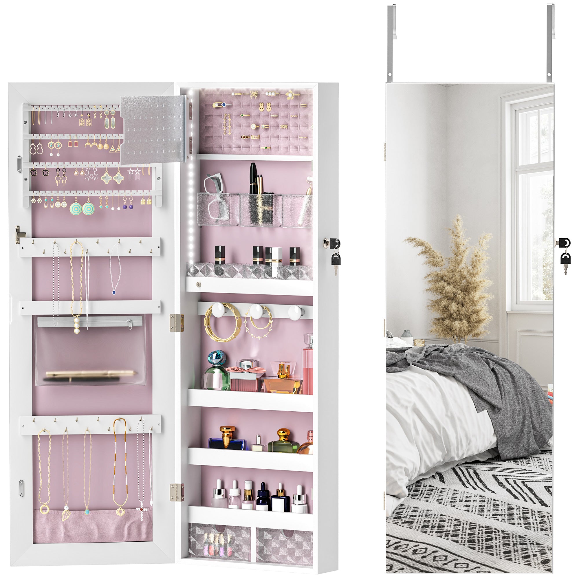 HOMCOM 108 x 37cm Lockable Jewellery Cabinet, with LED Lights - White Surface and Pink Lining - North Peak Garden Furniture