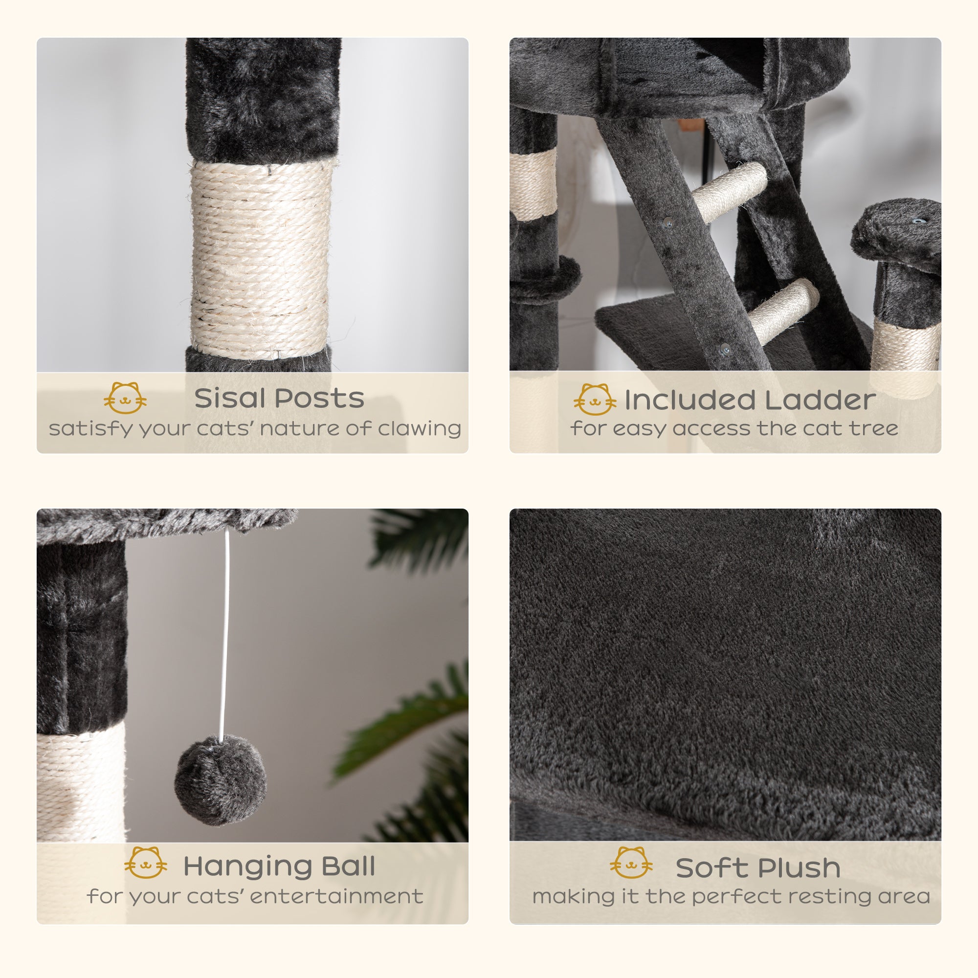 PawHut Floor-to-Ceiling Cat Tree for Indoor Cats, 240-260cm Adjustable Cat Tree - Dark Grey - North Peak Garden Furniture