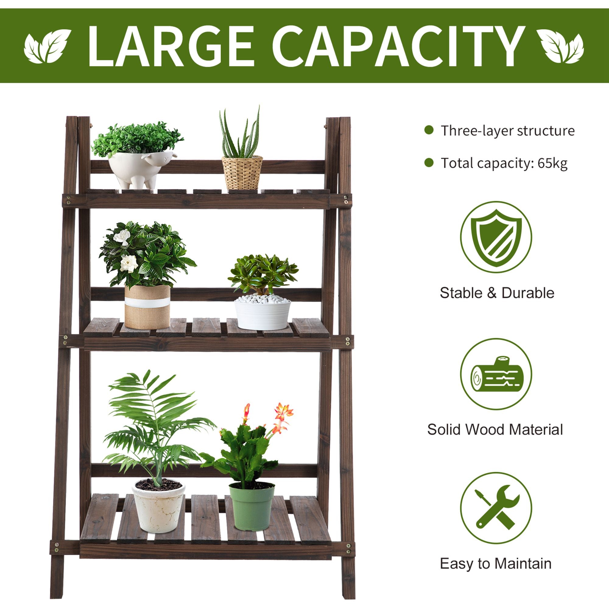 Outsunny Wooden Plant Stand: 3-Tier Foldable Shelf for Indoor/Outdoor Pots, 60L x 37W x 93H cm