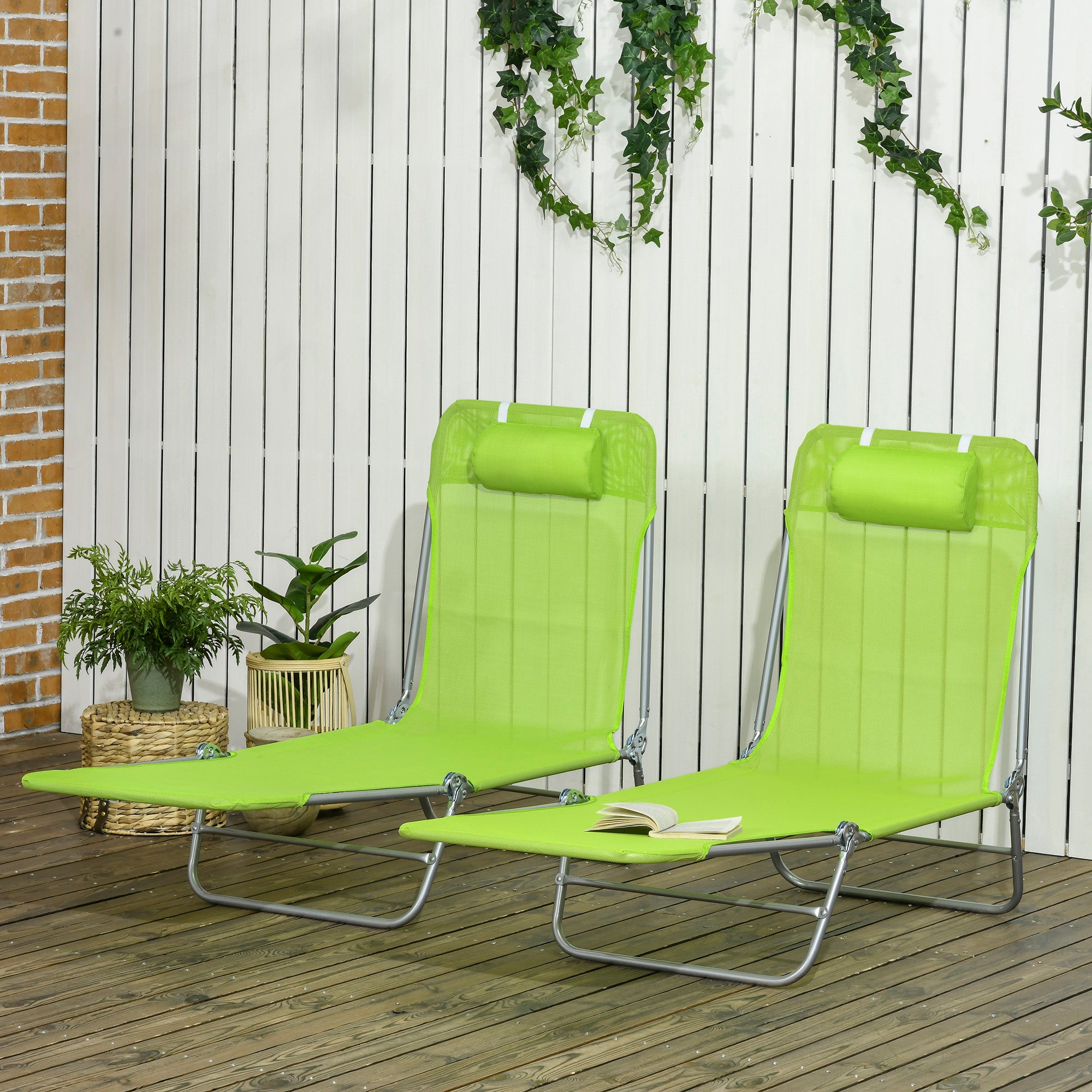 Outsunny Folding Sun Lounger Set of 2, Outdoor Day Beds with Pillow, Reclining Back, Steel Frame and Breathable Mesh for Beach, Yard, Patio, Green - North Peak Garden Furniture