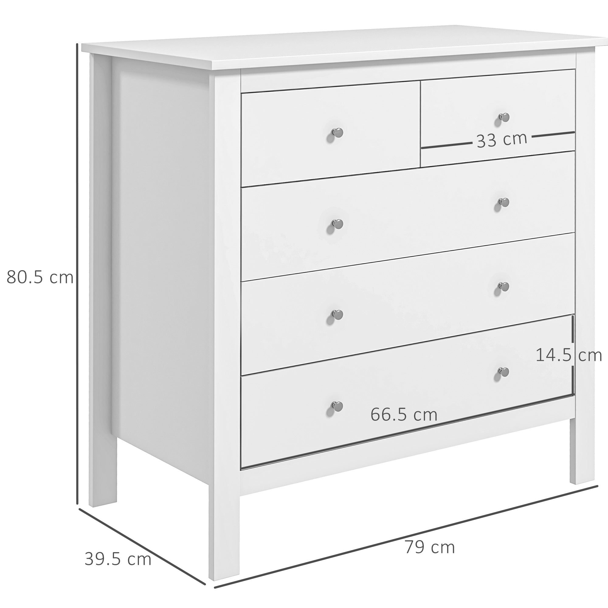 HOMCOM Modern Chest of Drawers, 5 Drawer Storage Cabinet with Metal Handles and Runners for Bedroom, White - North Peak Garden Furniture