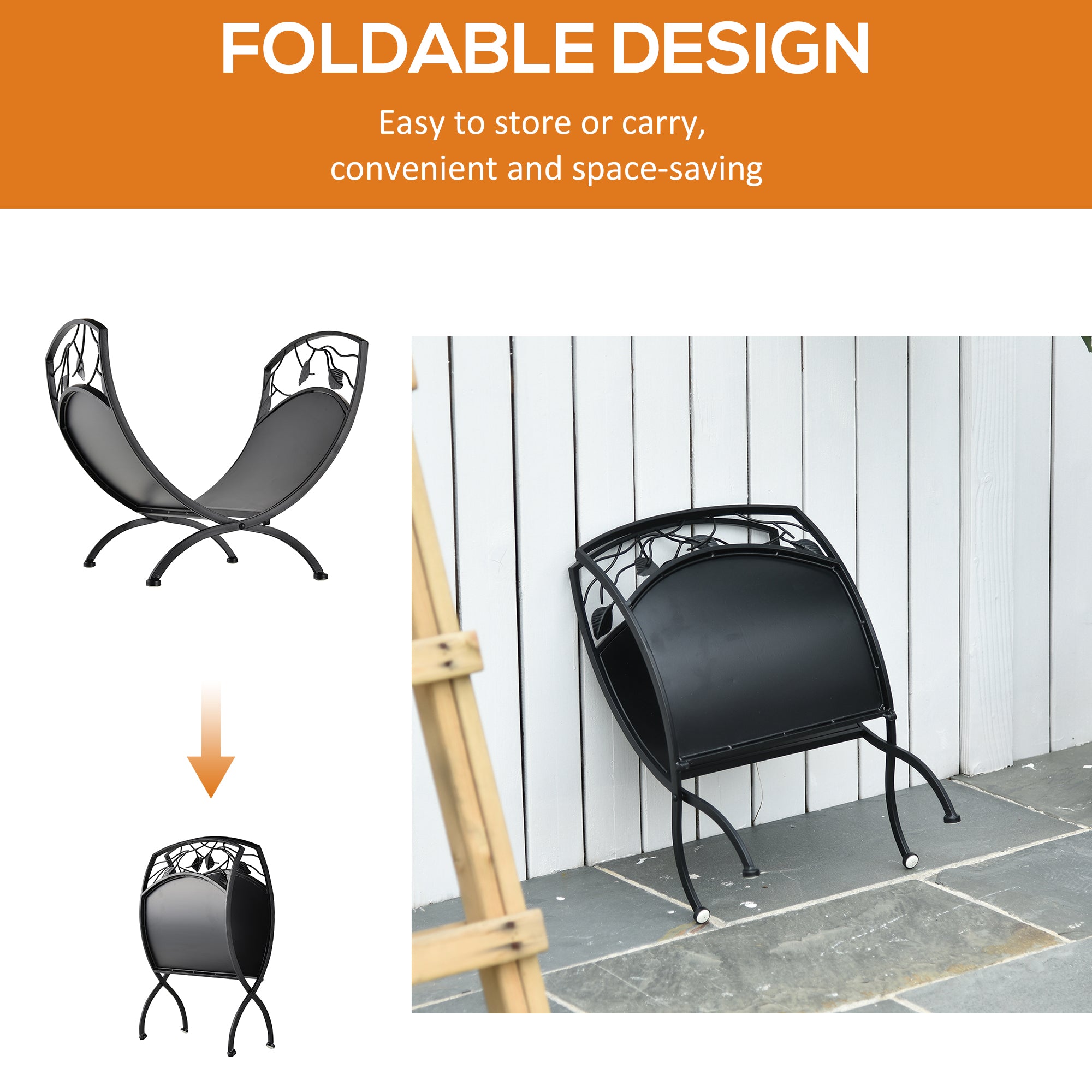 Outsunny Metal Arced Firewood Log Holder Indoor Outdoor Folding Firewood Rack Fireplace Wood Storage Shelf w/ Leaf Pattern Design, Black, 43.5W x 36.5D x 41H cm - North Peak Garden Furniture