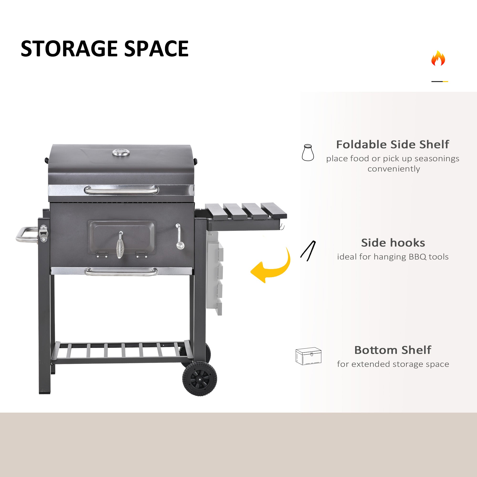 Outsunny Charcoal Grill BBQ Trolley with Adjustable Charcoal Grate, Garden Metal Smoker Barbecue with Shelf, Side Table, Wheels, Built-in Thermometer, Bottle Opener - North Peak Garden Furniture