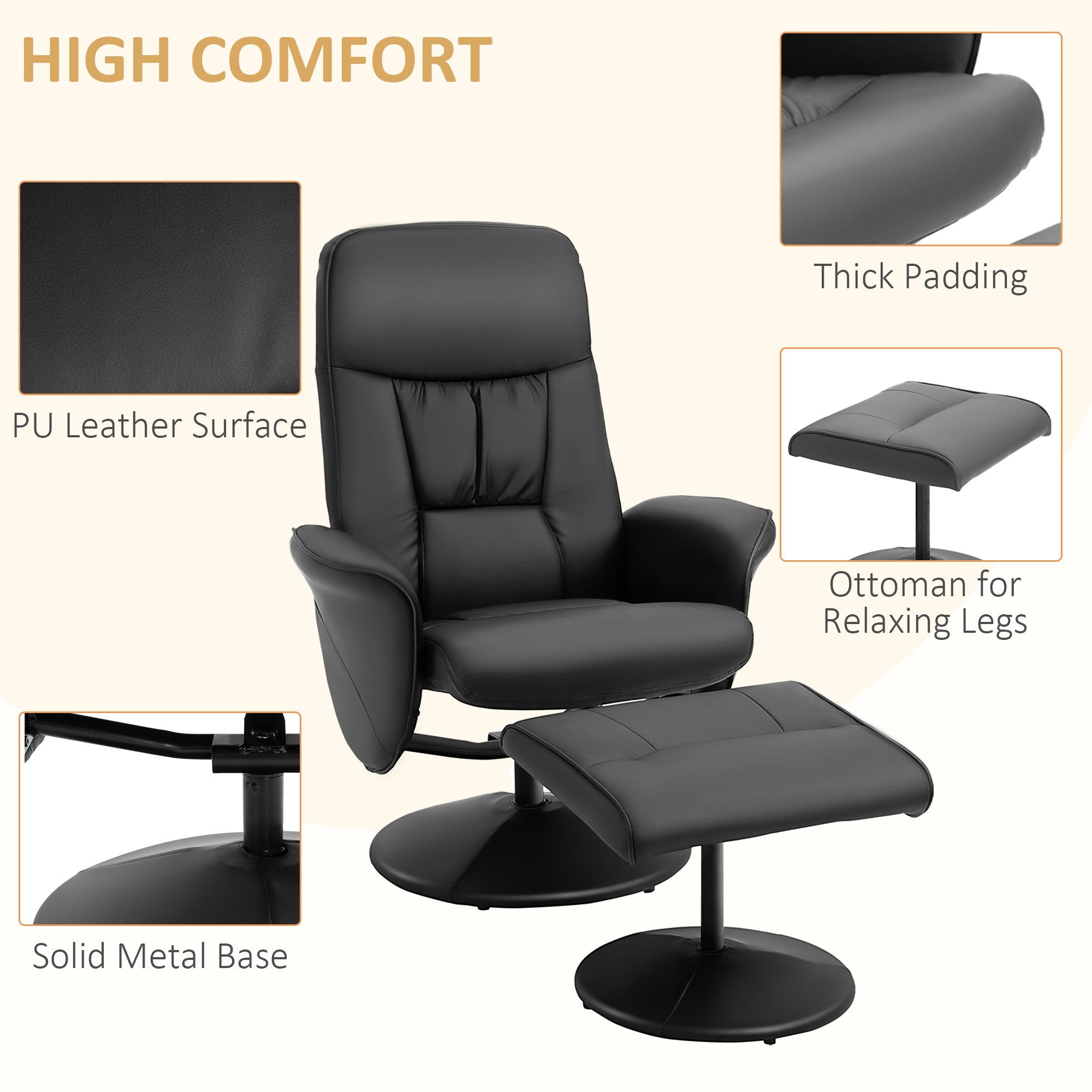 HOMCOM Swivel Recliner Chair with Footstool, PU Leather Armchair and Ottoman with High Back and Round Base for Living Room, Black - North Peak Garden Furniture
