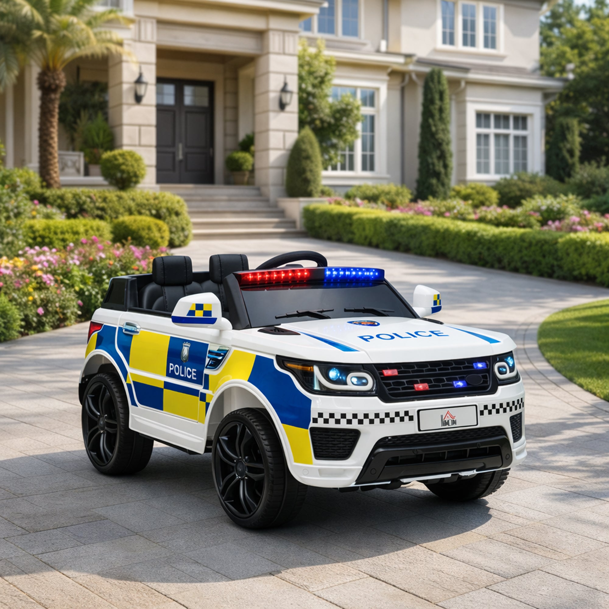 HOMCOM 12V Kids Electric Ride On Police Car 2 Motors with Parental Remote Control Siren Flashing Lights USB Portable for 3-6 Years White