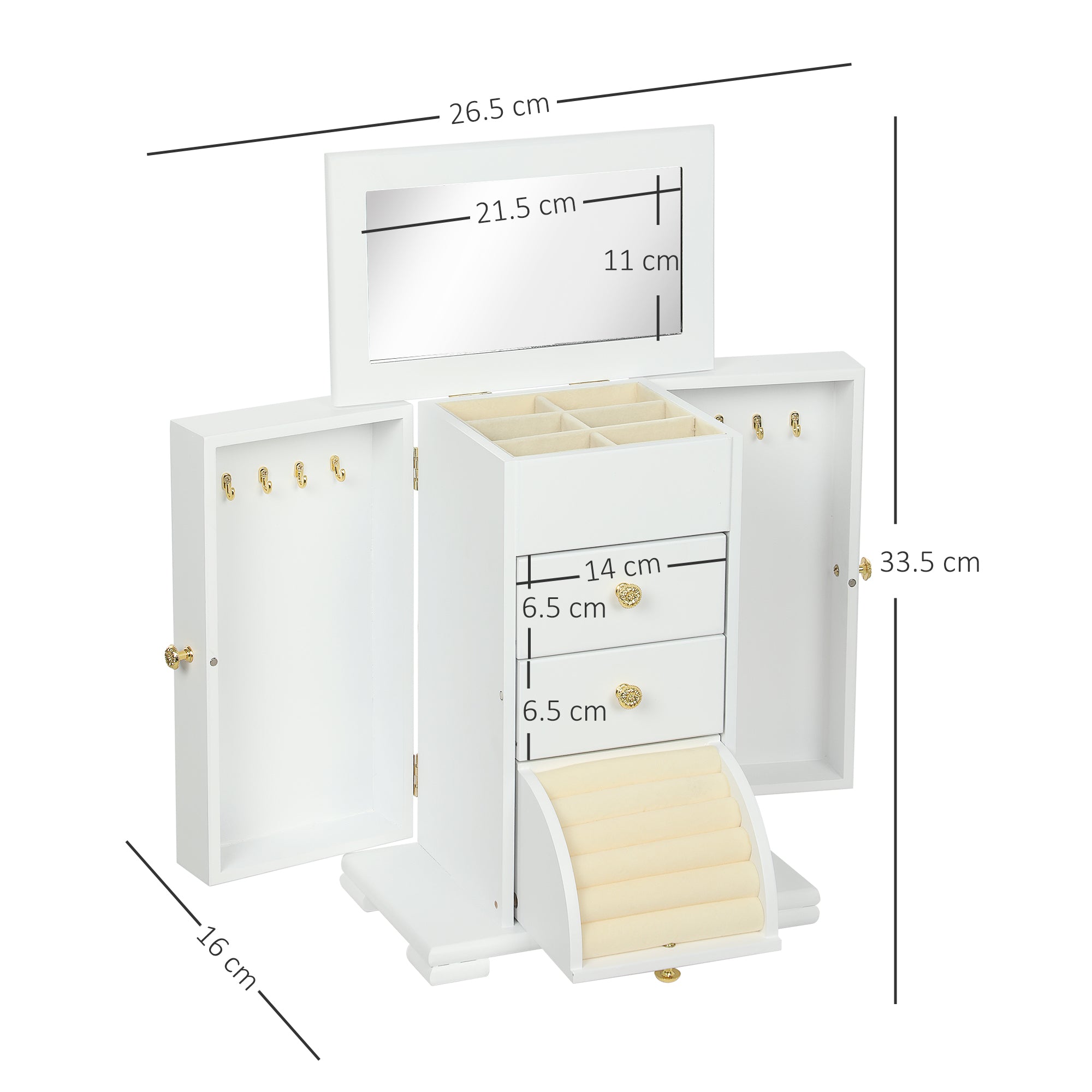 HOMCOM 4-Tier Jewellery Box with Mirror and 3 Drawers - White