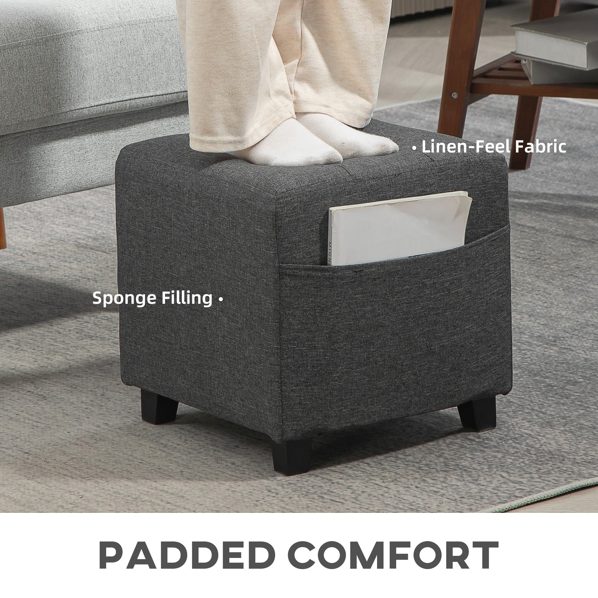 HOMCOM Square Footstool, Small Ottoman with Side Pocket, Linen Fabric Footrest Foot Stool with Rubber Wood Legs and Padded Seat for Living Room, Bedroom, Entryway, 35 x 35 x 35cm, Grey - North Peak Garden Furniture