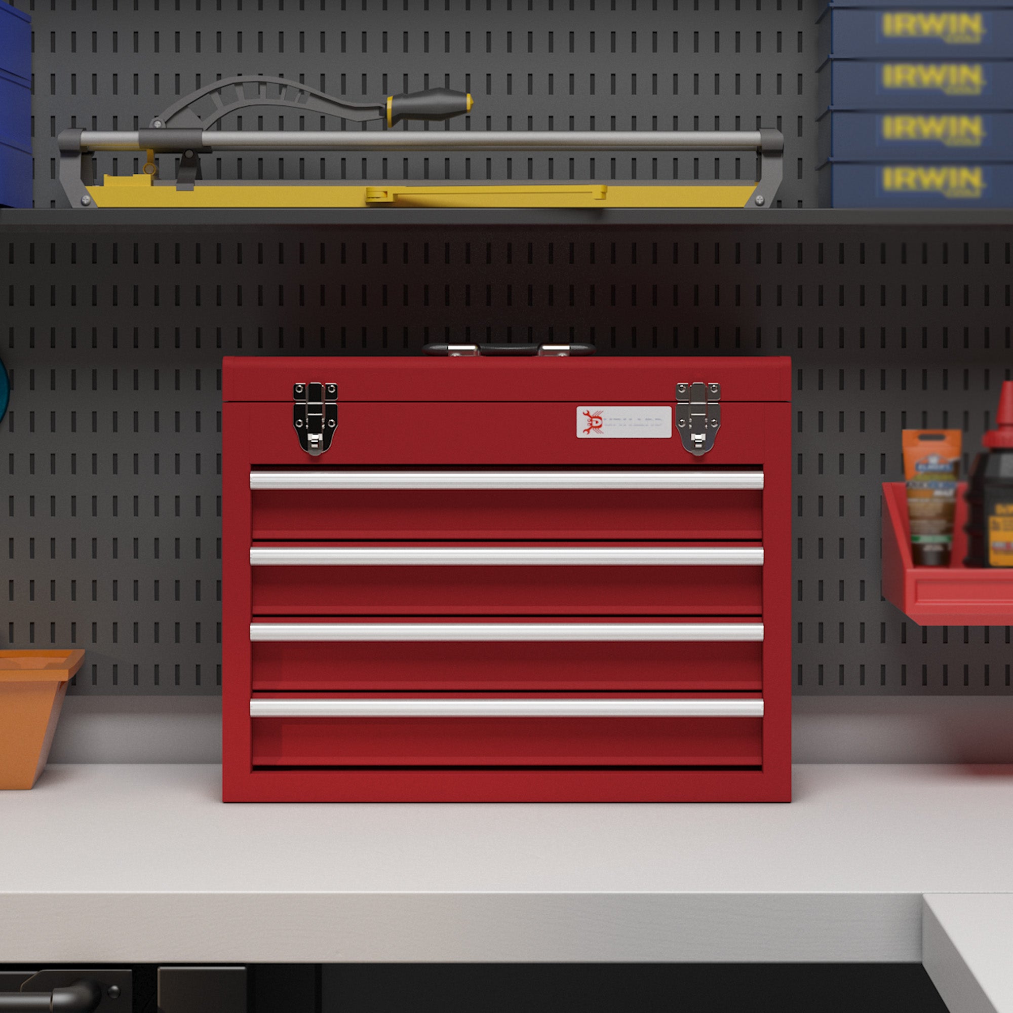 DURHAND Lockable Metal Tool Box, 4 Drawer Tool Chest with Latches, Handle, Ball Bearing Runners, Red - North Peak Garden Furniture