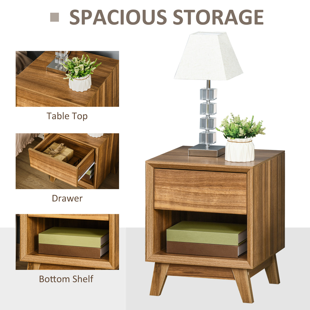 HOMCOM Modern Bedside Table Nightstand, Living Room End Table, Side Table with Drawer and Shelf, Walnut Brown - North Peak Garden Furniture