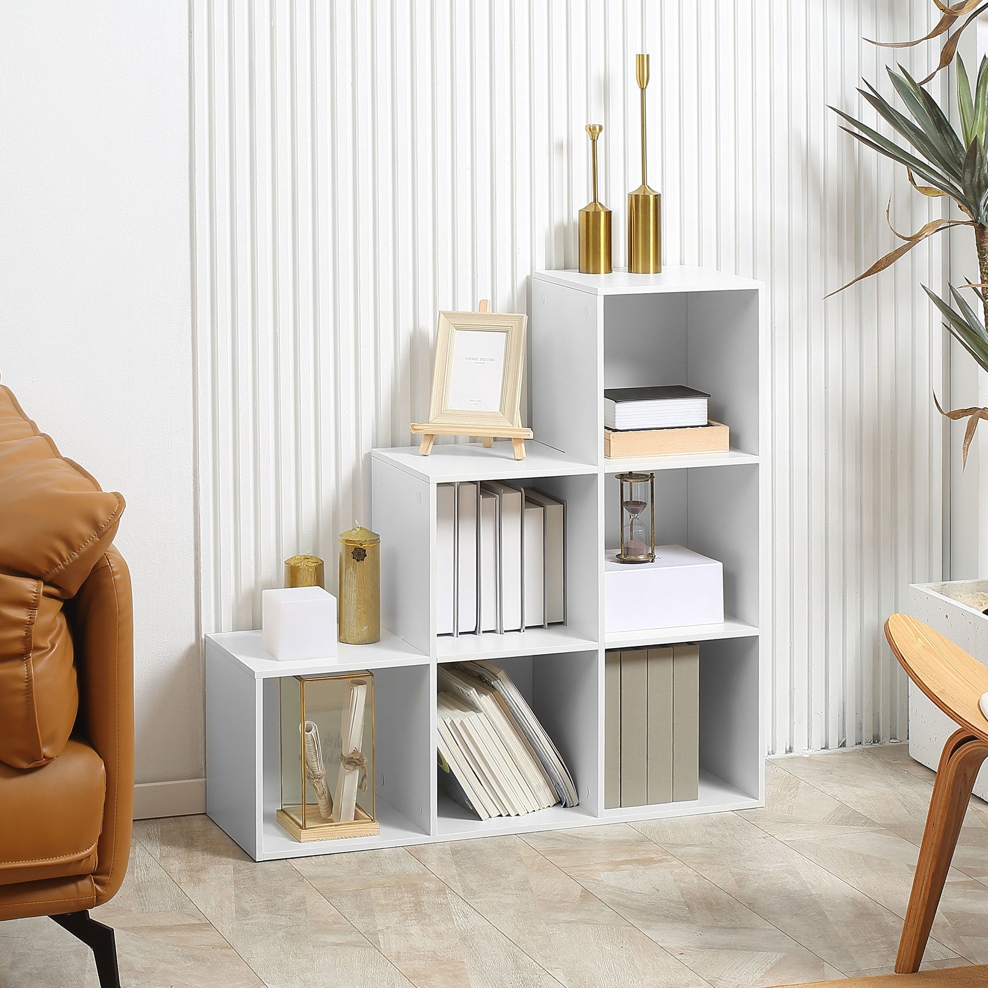 HOMCOM 3-tier Step 6 Cubes Storage Unit Particle Board Cabinet Bookcase Organiser Home Office Shelves - White - North Peak Garden Furniture