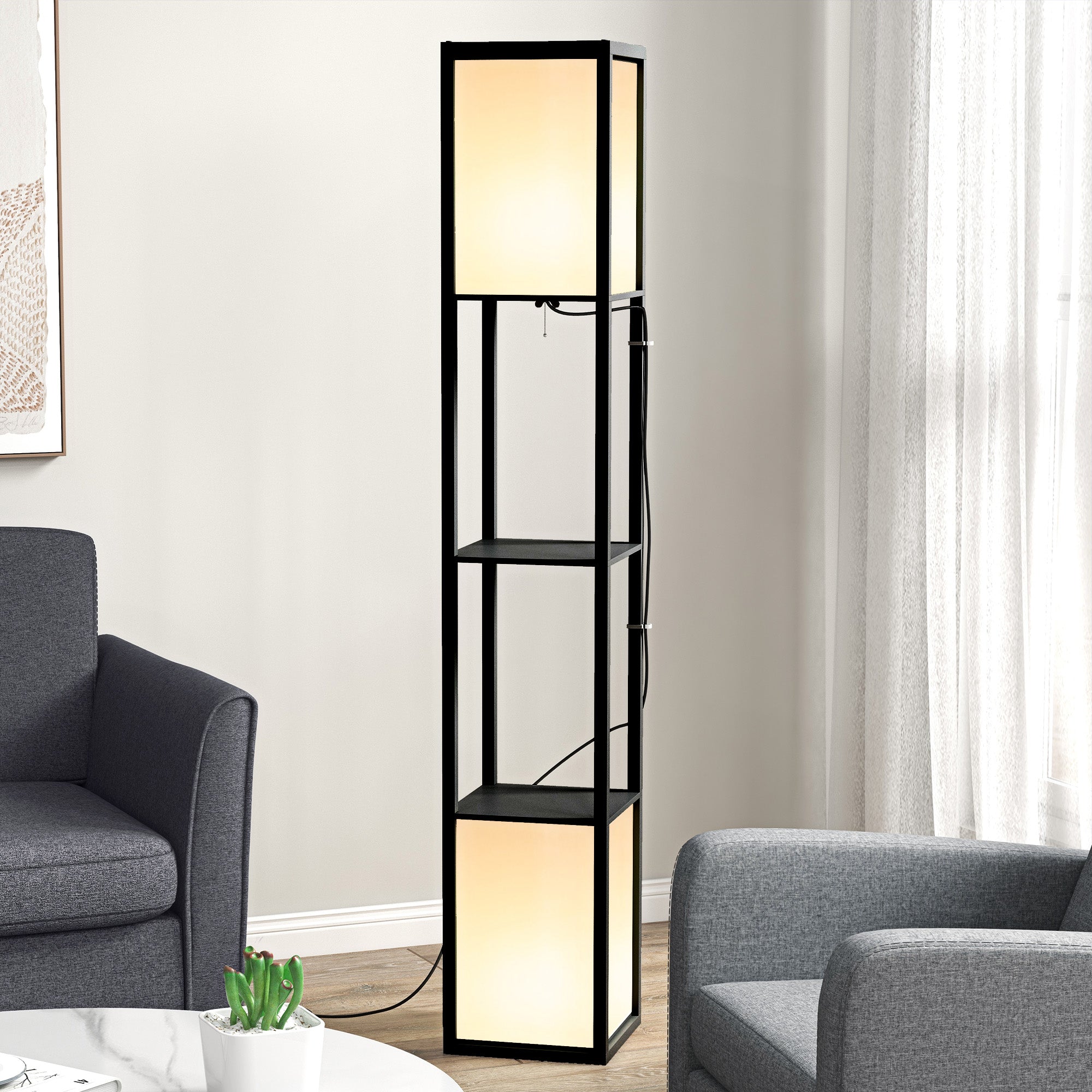 HOMCOM Modern Shelf Floor Lamp with Dual Ambient Light, Standing Lamp Living Room, Bedroom, 156cm, Black - North Peak Garden Furniture