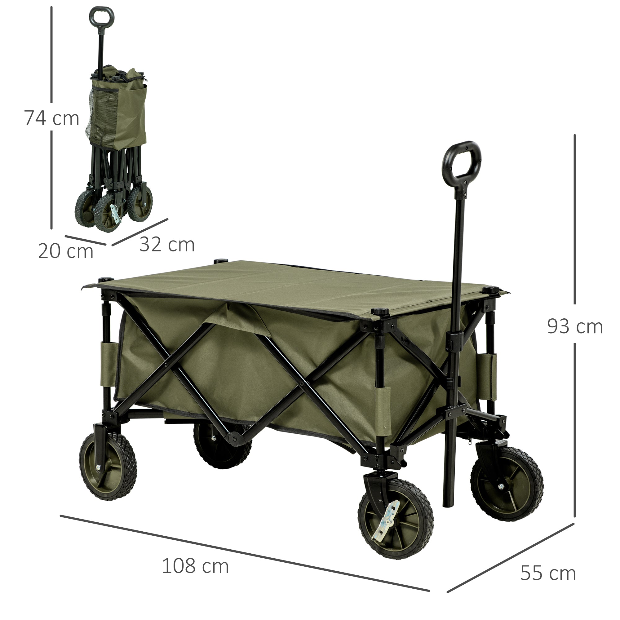 Outsunny Folding Garden Trolley, Cargo Trailer on Wheels, Collapsible Camping Trolley with Folding Board, Outdoor Utility Wagon with Steel Frame and Oxford Fabric, Green