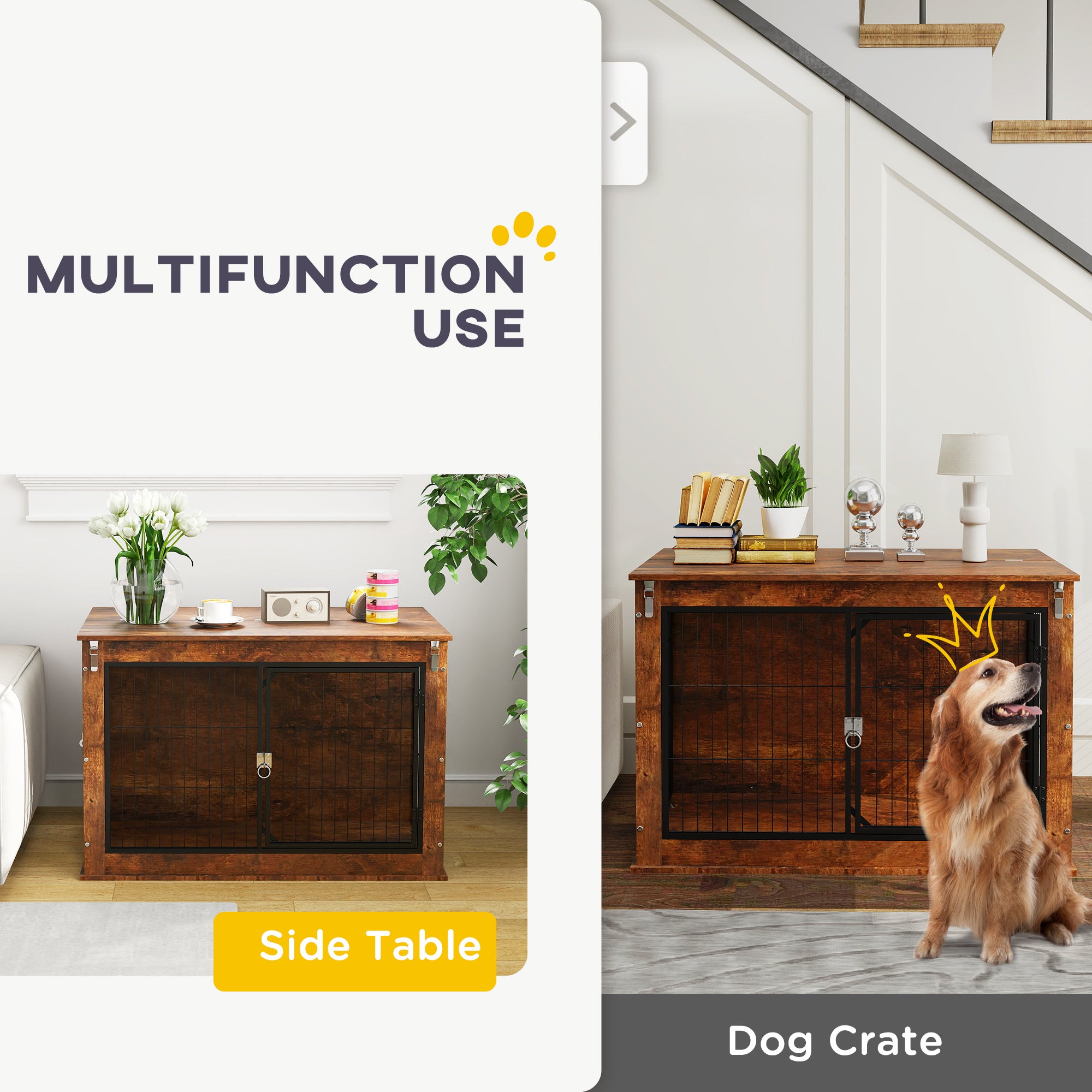 PawHut Dog Crate Furniture with Flip-up Top, 2 Doors, for Large Dogs, 98 x 60 x 65.5cm, Rustic Brown - North Peak Garden Furniture