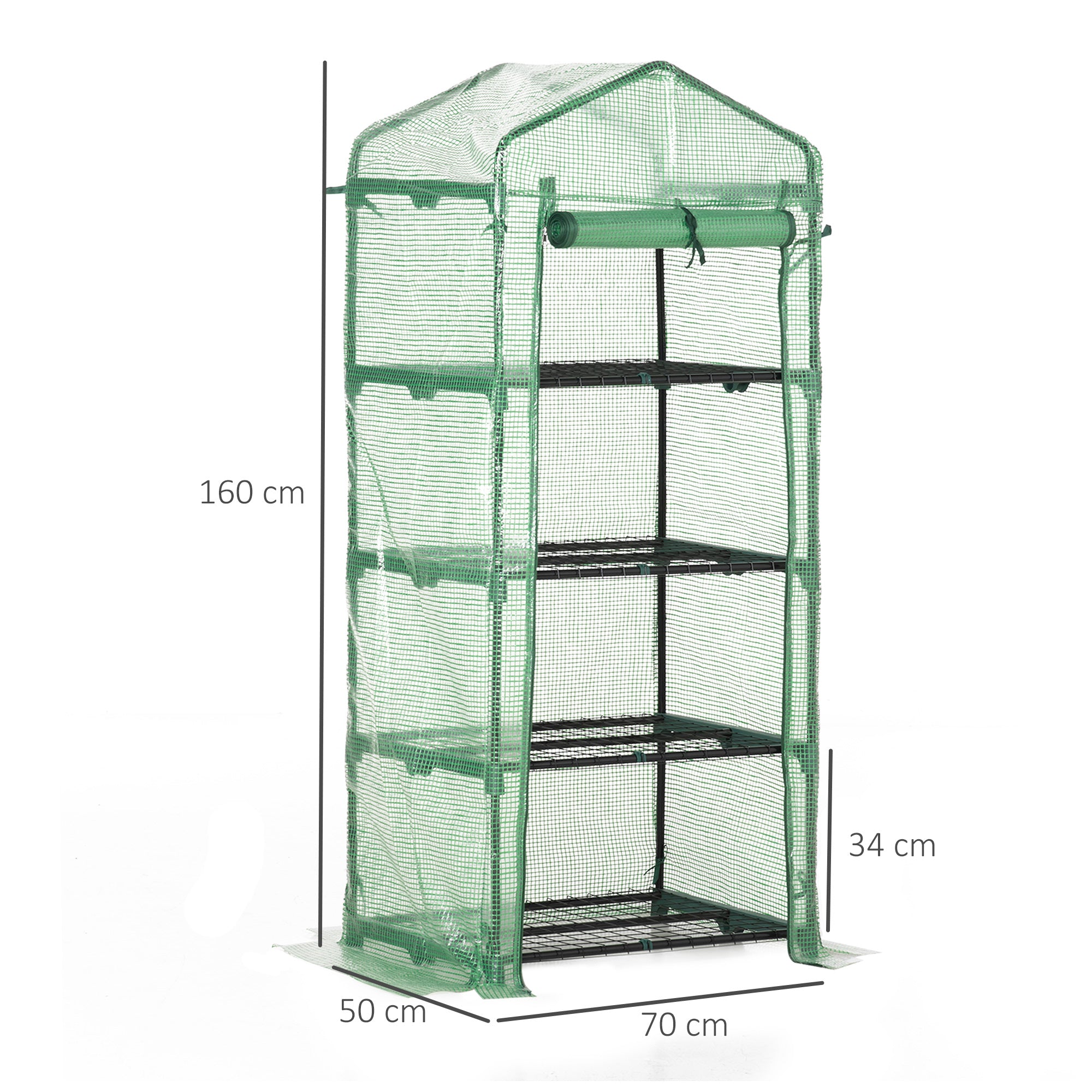 Outsunny 4 Tier Mini Greenhouse, Portable Compact Green House with Steel Frame, PE Cover, Roll-up Door, 70 x 50 x 160 cm, Green