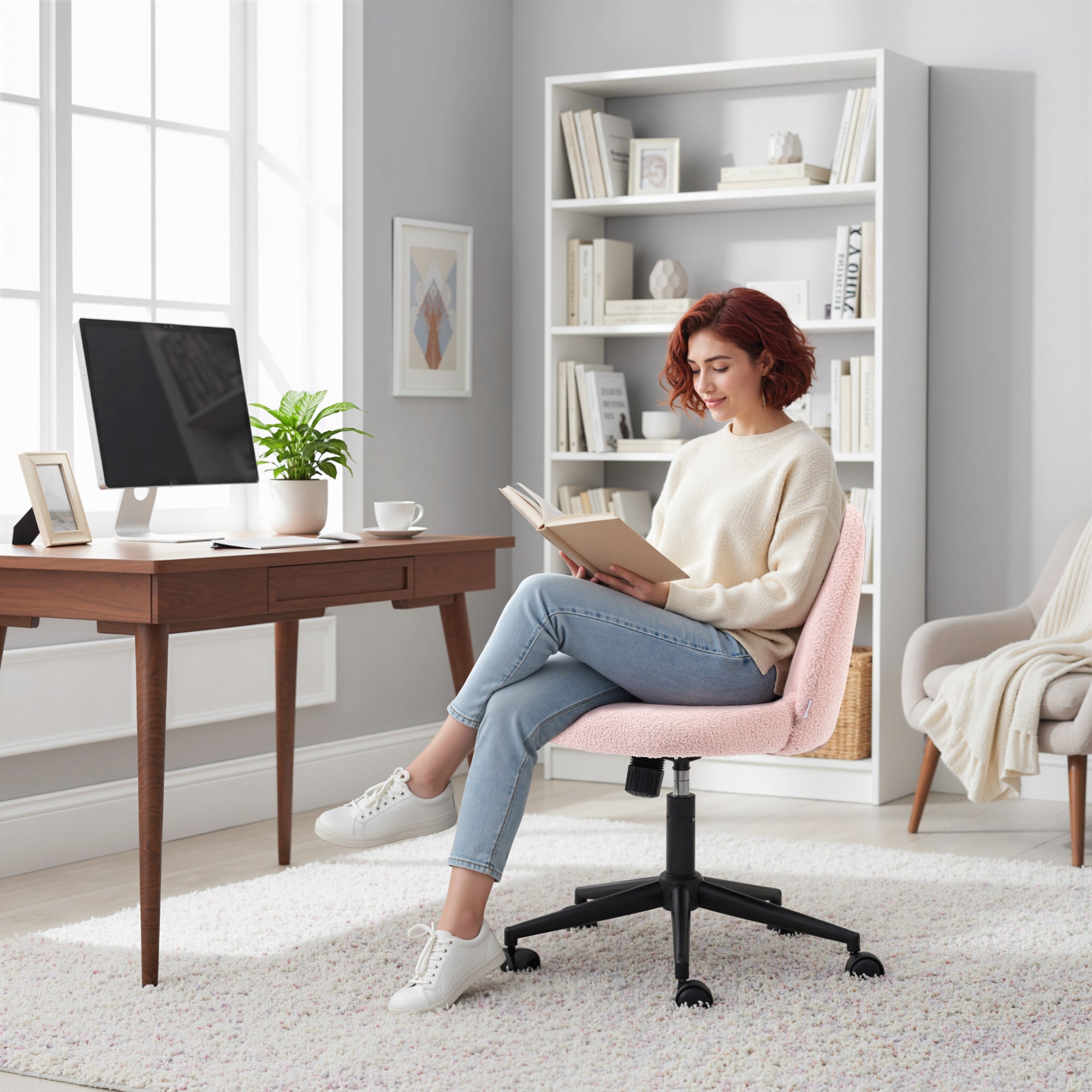 HOMCOM Teddy Fleece Office Chair with Wheels - Light Pink