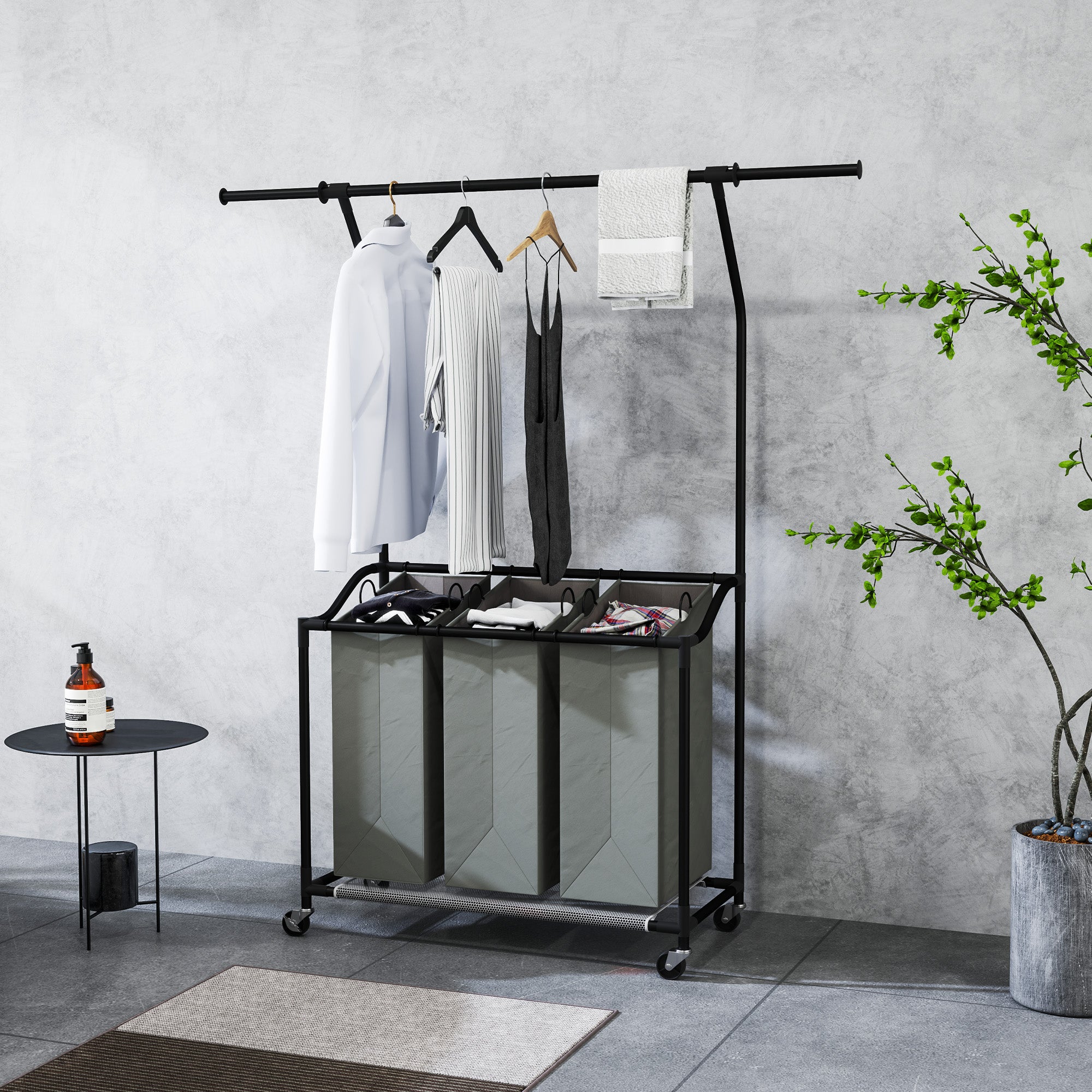 HOMCOM 126L Laundry Sorter, Rolling Wash Basket with Hanging Rail and Mobile 3-Bag Organiser for Bedroom, Bathroom, Laundry Room, 88-149.5L x 40W x 167H cm, Dark Grey - North Peak Garden Furniture