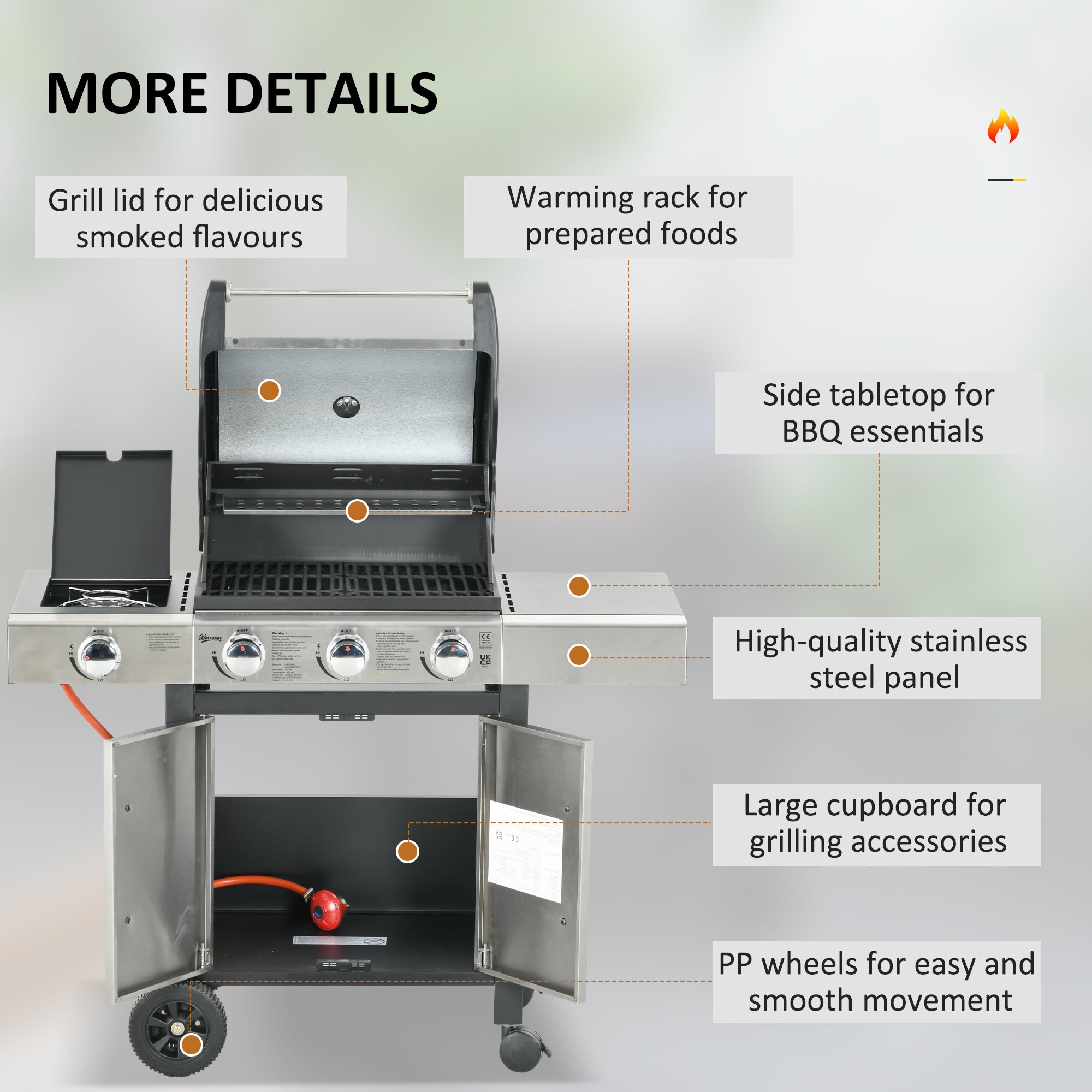 Outsunny Gas Barbecue Grill 3+1 Burner Garden Smoker BBQ Trolley w/ Side Burner Warming Rack Side Shelves Storage Cabinet Piezo Ignition Thermometer Stainless Steel + Metal - North Peak Garden Furniture